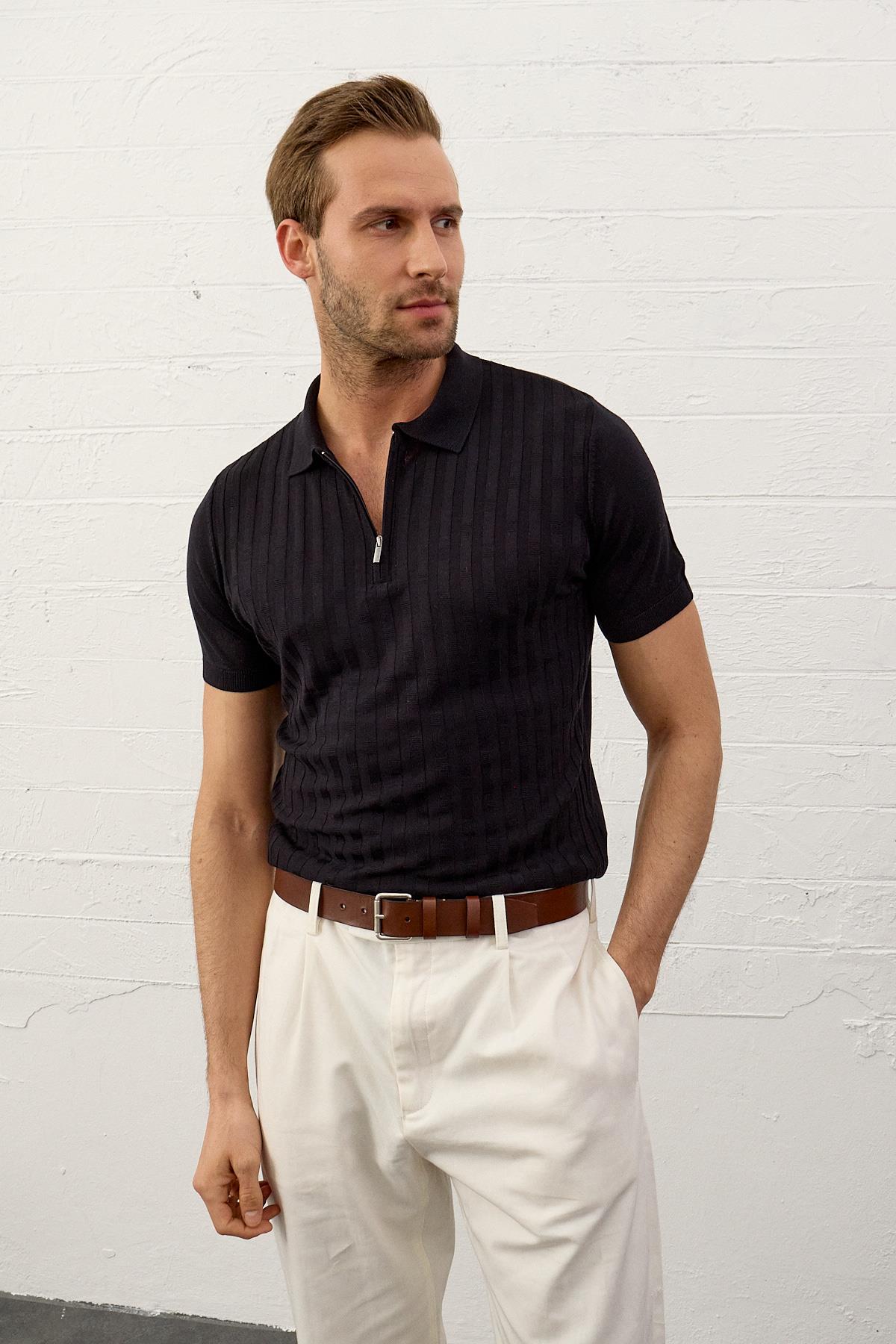 Erkek Fermuarlı Slim-Fit Polo Yaka İnce Triko T-shirt Koyu Lacivert 5011DNGR