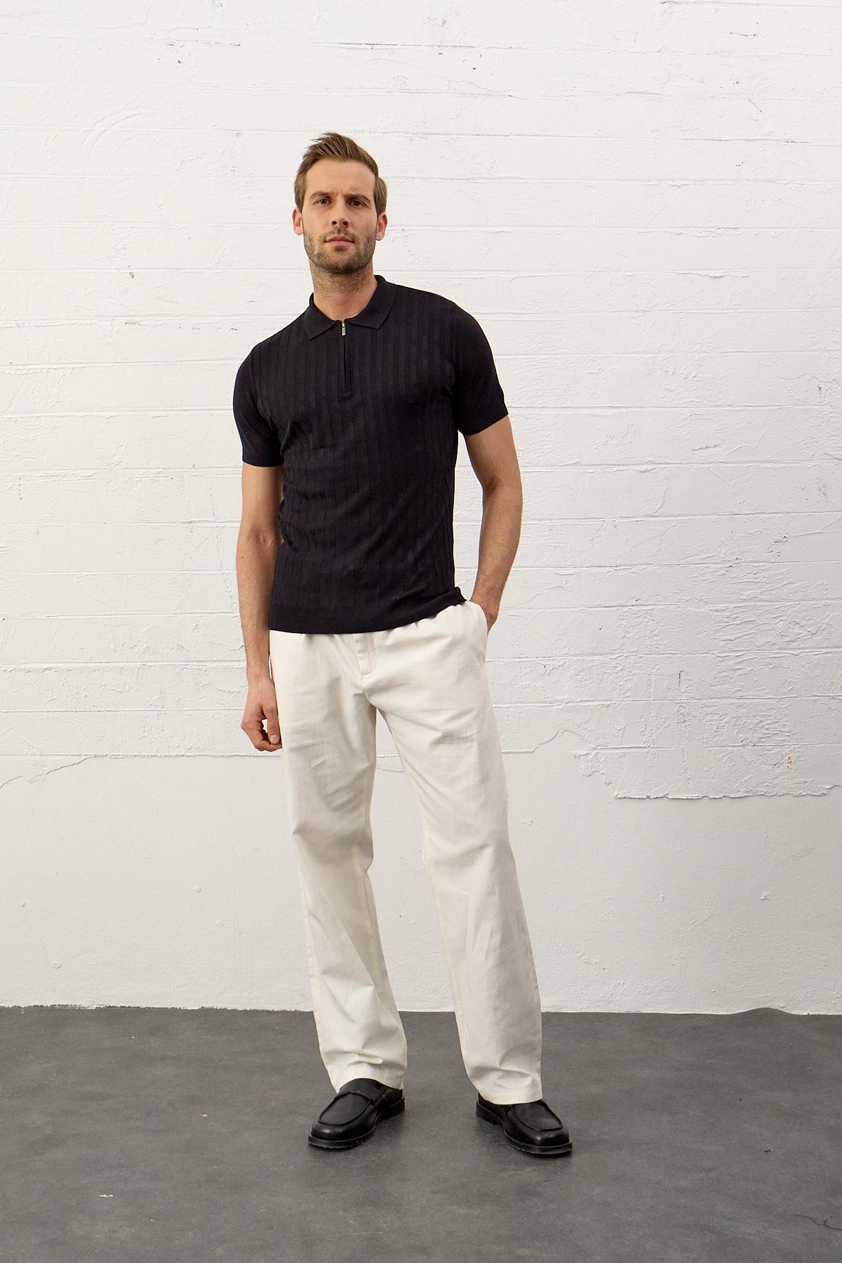 Erkek Fermuarlı Slim-Fit Polo Yaka İnce Triko T-shirt Koyu Lacivert 5011DNGR