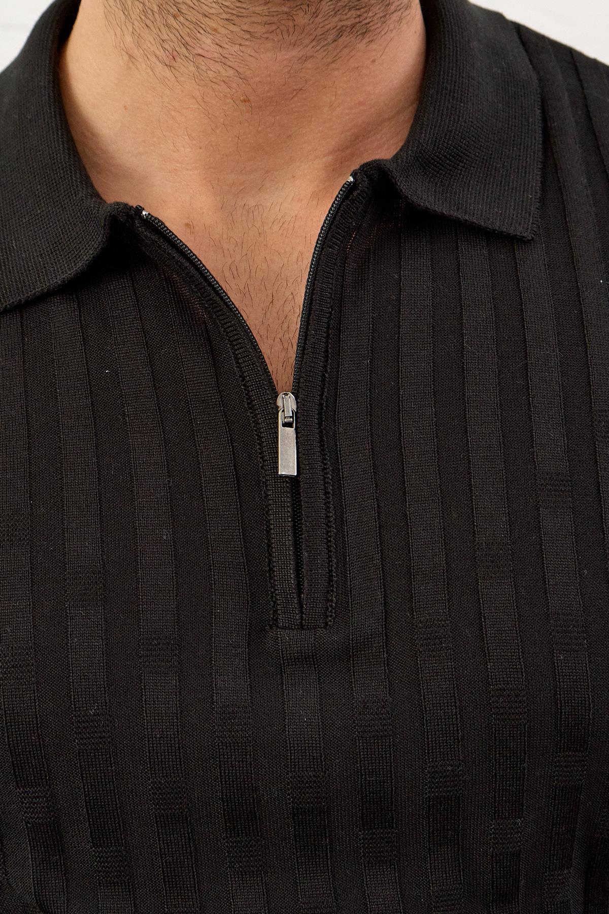 Erkek Fermuarlı Slim-Fit Polo Yaka İnce Triko T-shirt Siyah 5011DNGR