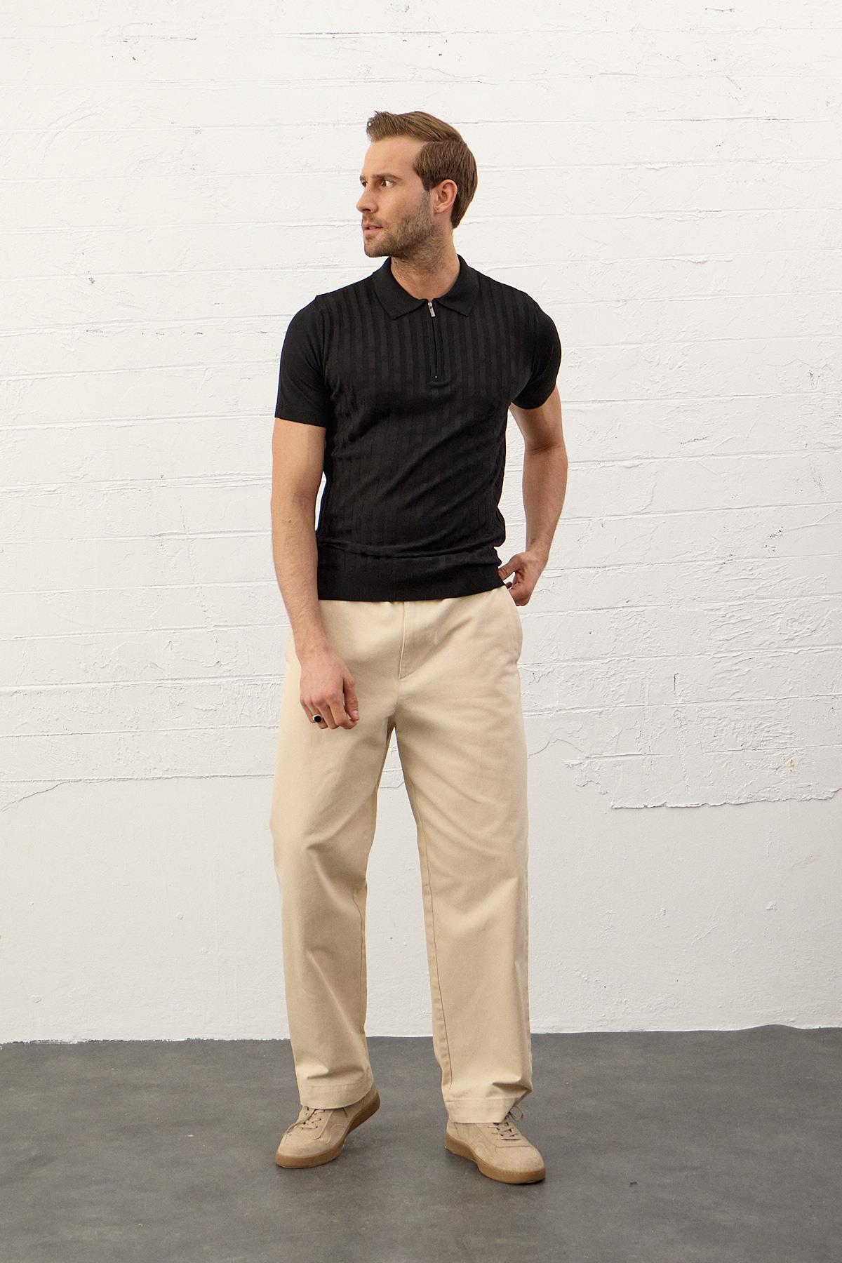 Erkek Fermuarlı Slim-Fit Polo Yaka İnce Triko T-shirt Siyah 5011DNGR