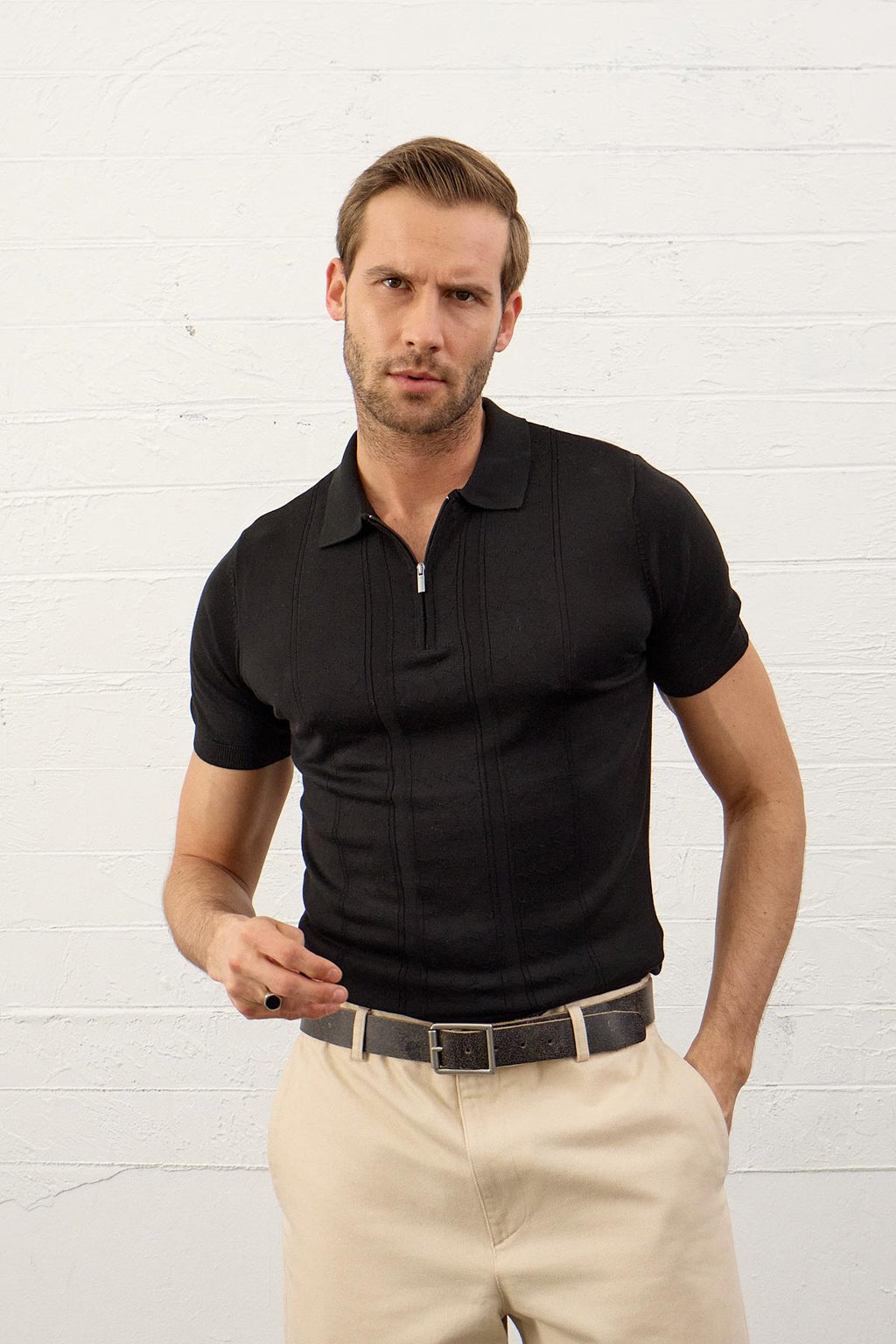 Erkek Fermuarlı Slim-Fit Yazlık Triko T-shirt Siyah 5004DNGR