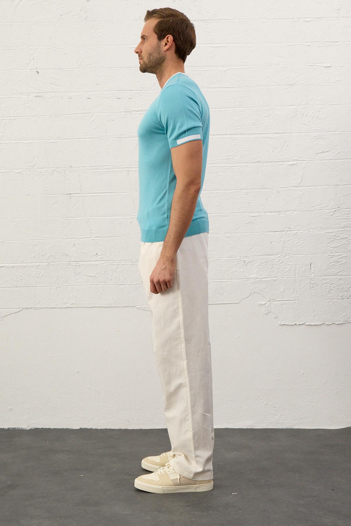 Erkek Garnili Slim-Fit Yazlık Triko T-shirt Aqua 5021DNGR