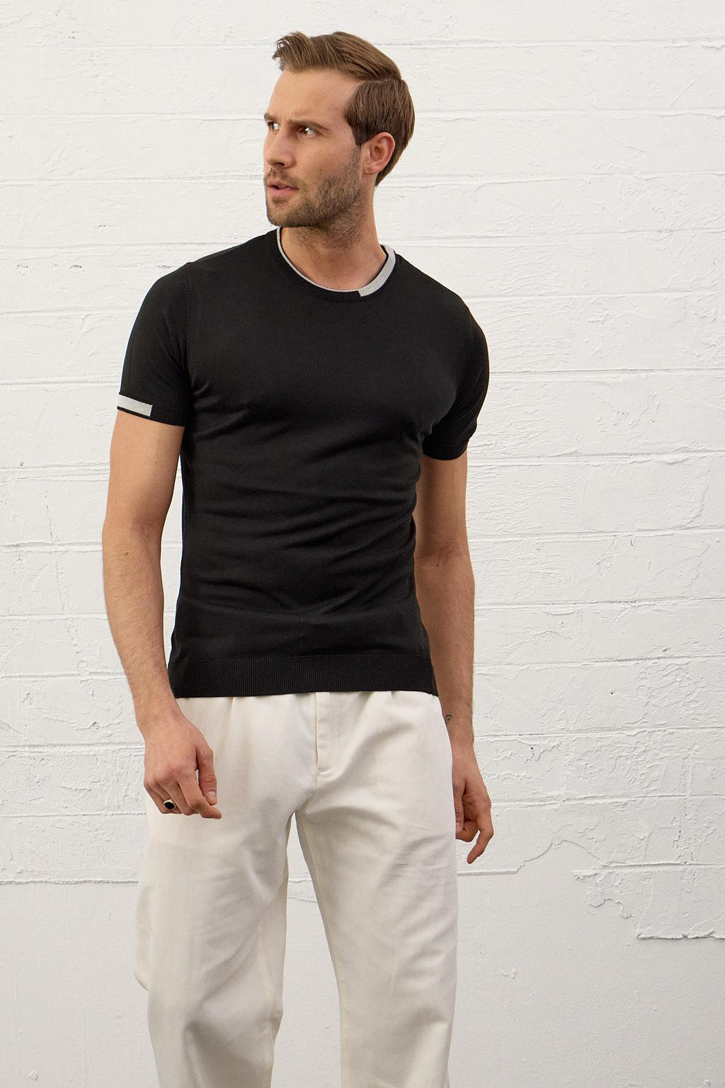 Erkek Garnili Slim-Fit Yazlık Triko T-shirt Siyah 5021DNGR
