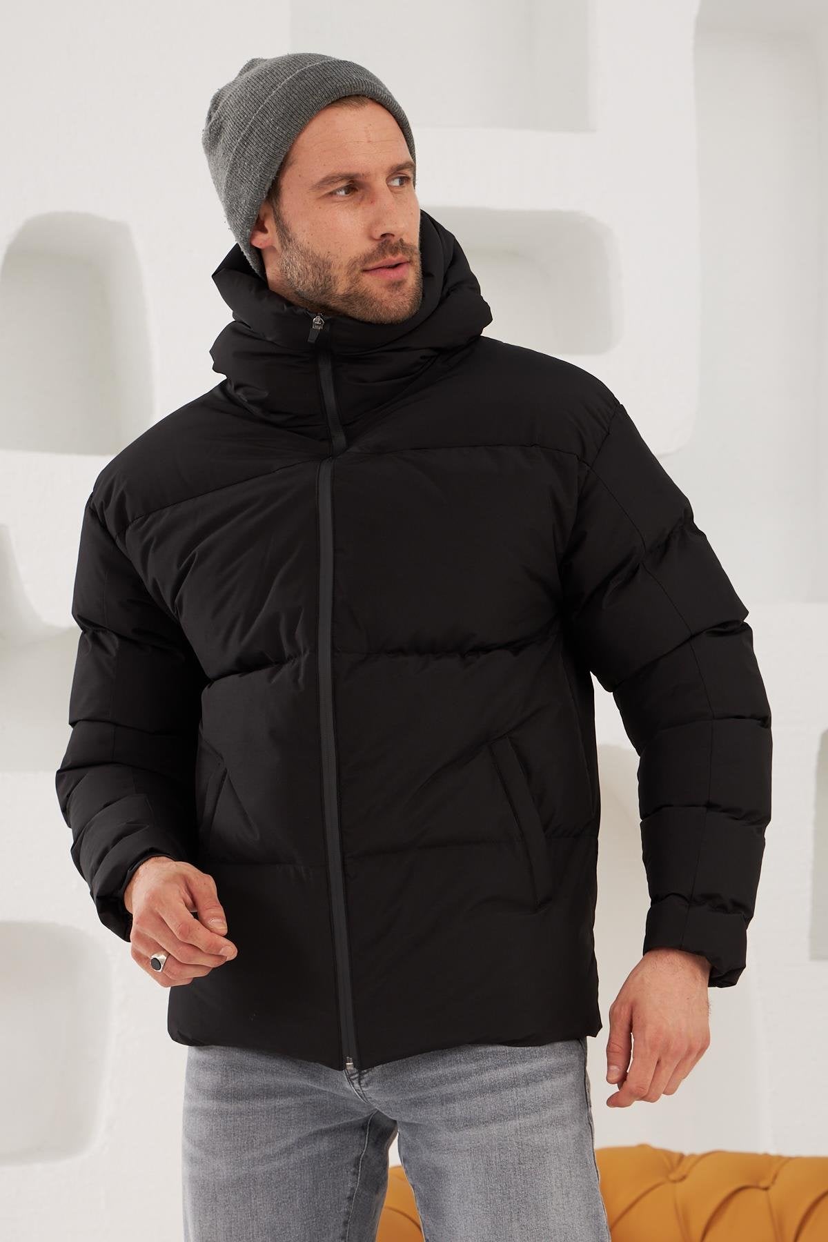 Erkek Garnili Su Ve Rüzgar Geçirmez Oversize Şişme Mont Siyah 561DNGR