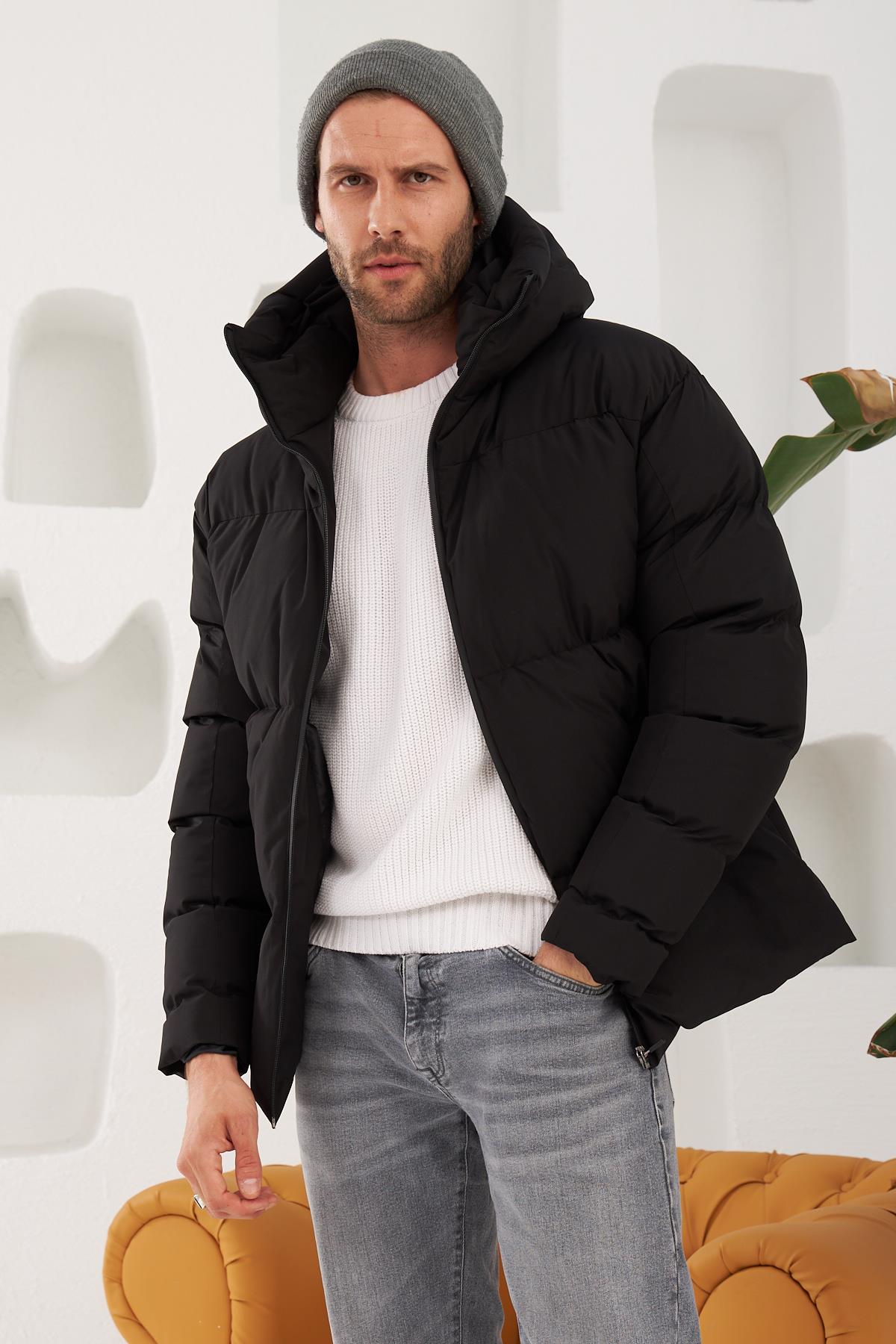 Erkek Garnili Su Ve Rüzgar Geçirmez Oversize Şişme Mont Siyah 561DNGR