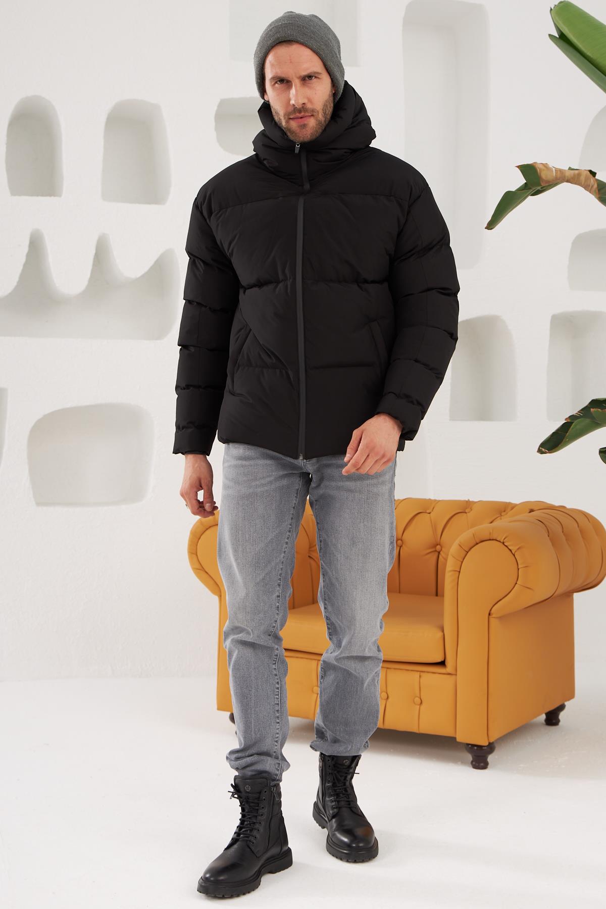Erkek Garnili Su Ve Rüzgar Geçirmez Oversize Şişme Mont Siyah 561DNGR