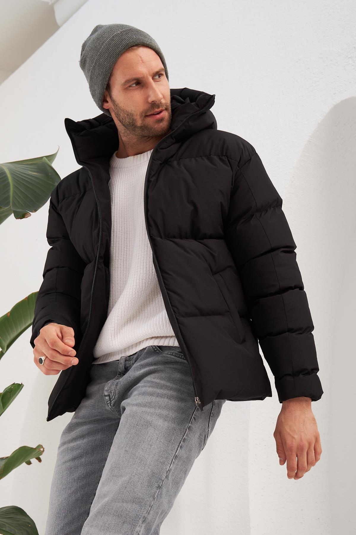Erkek Garnili Su Ve Rüzgar Geçirmez Oversize Şişme Mont Siyah 561DNGR