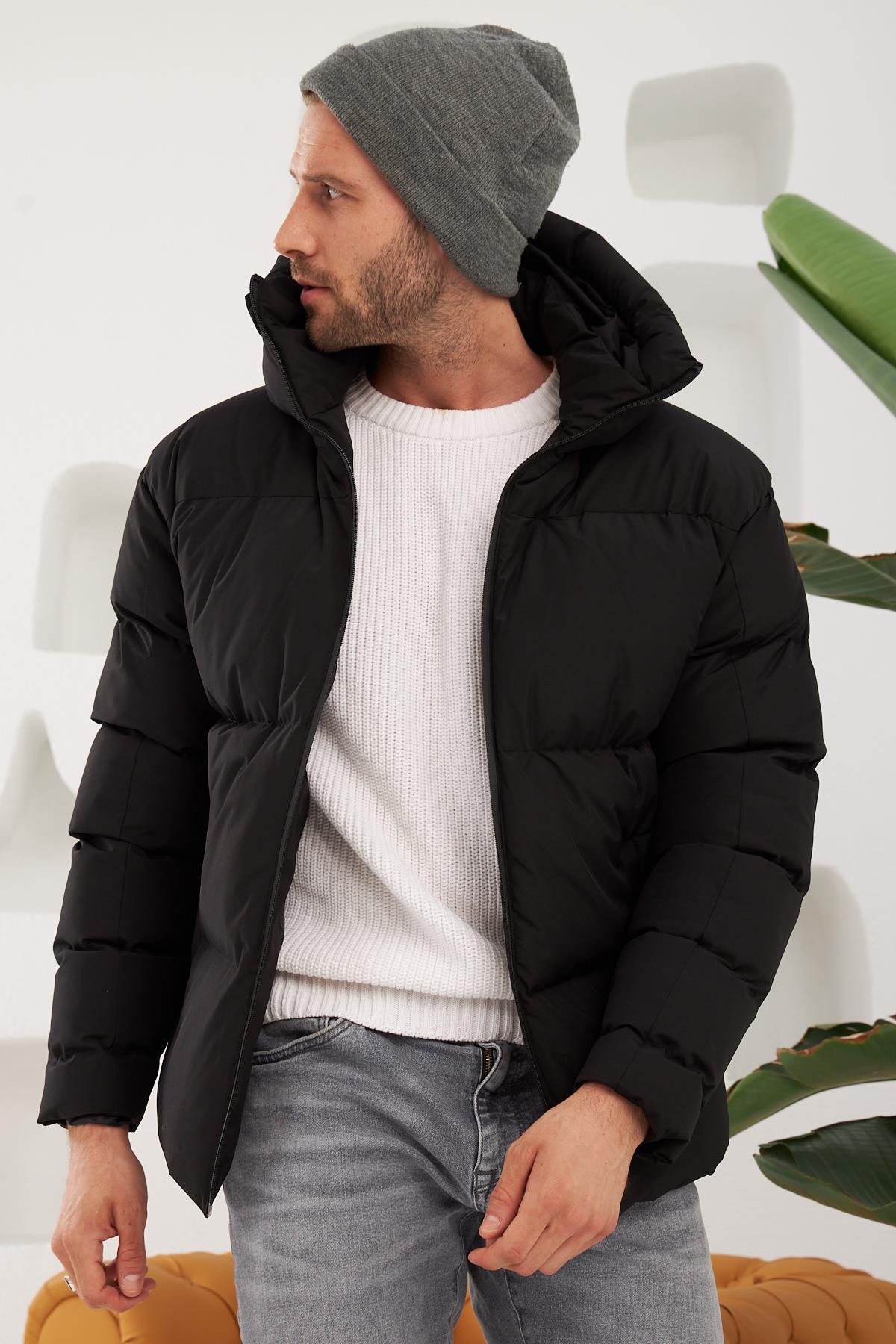 Erkek Garnili Su Ve Rüzgar Geçirmez Oversize Şişme Mont Siyah 561DNGR