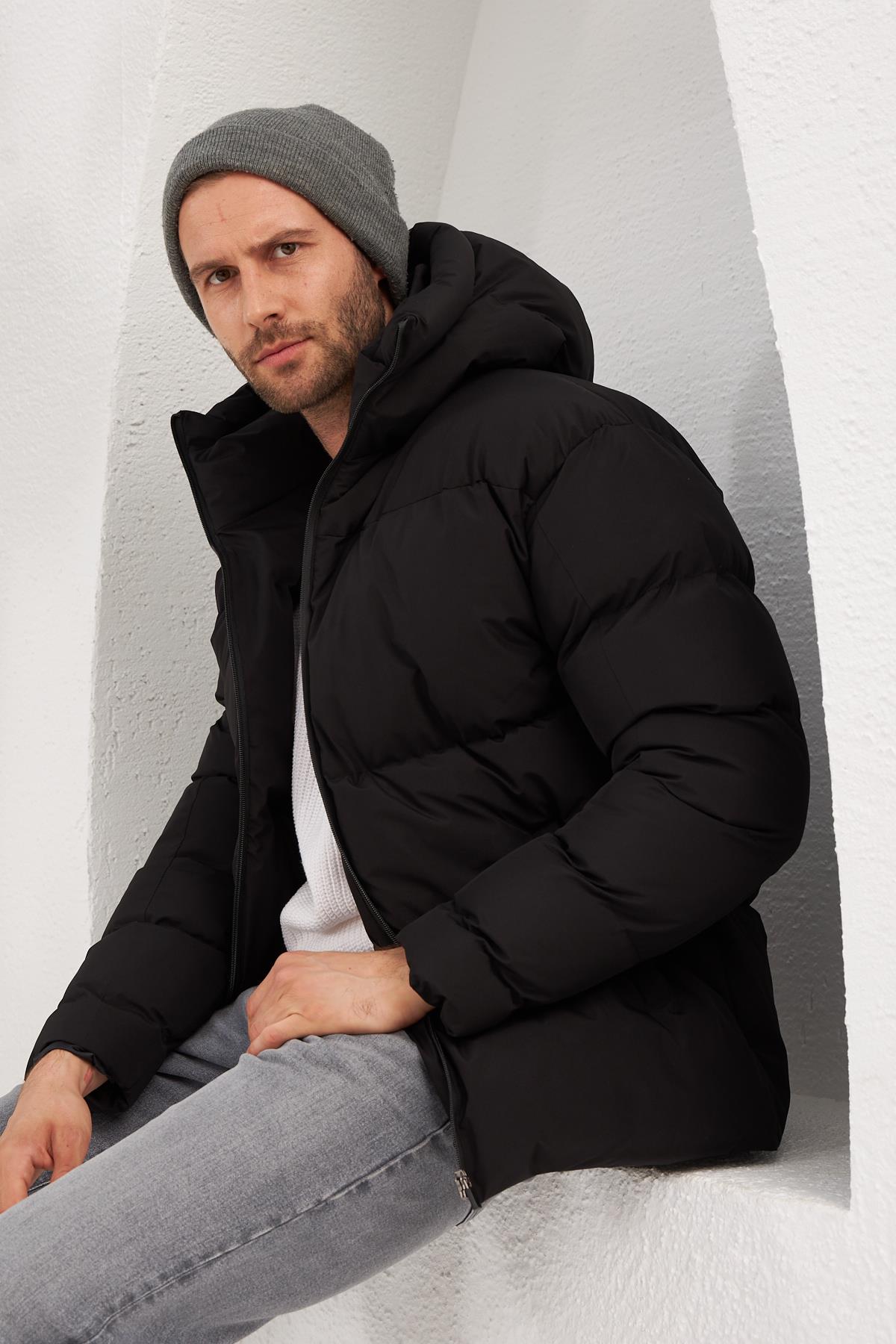Erkek Garnili Su Ve Rüzgar Geçirmez Oversize Şişme Mont Siyah 561DNGR