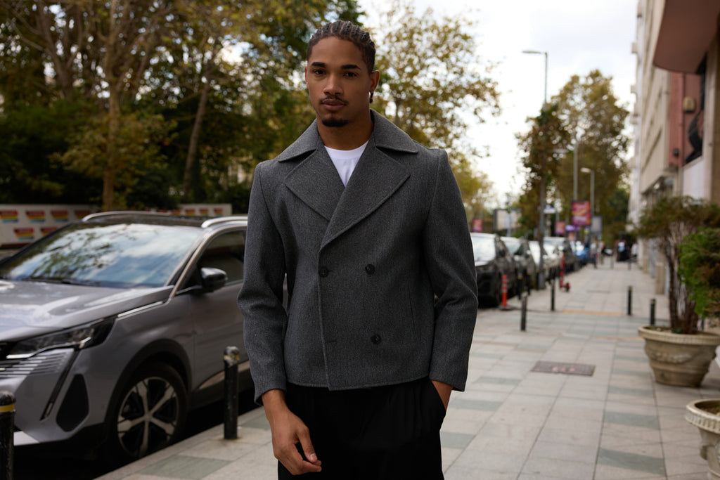 Erkek Gömlek Yaka Düğmeli Kaşe Mont Ceket Gri 4128DNGR