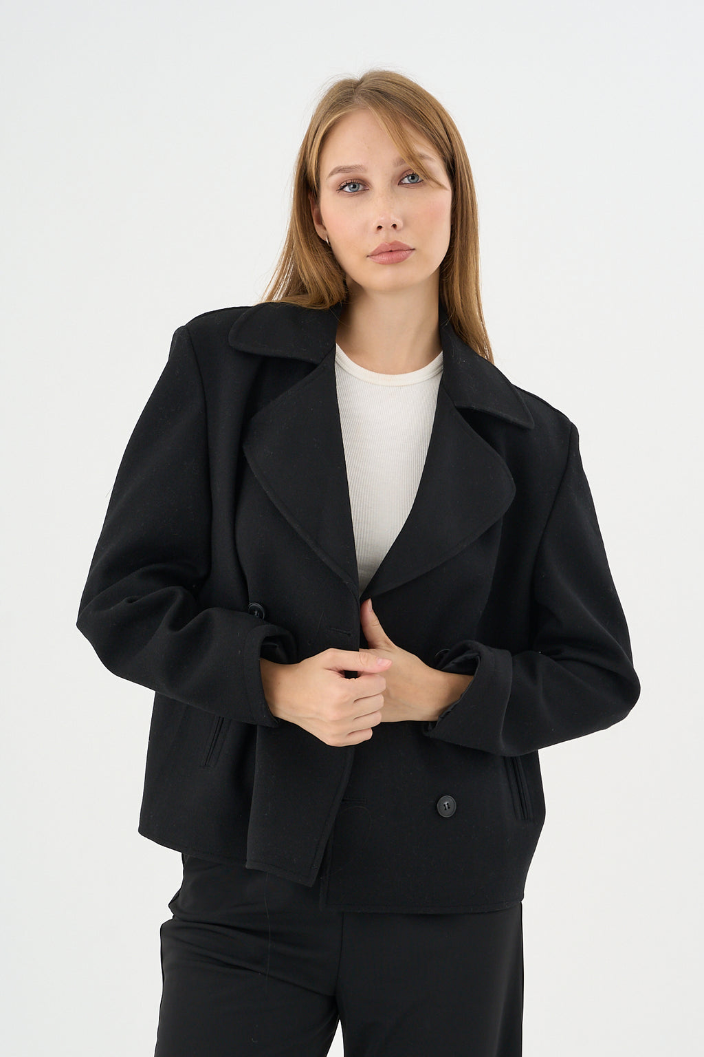 Kadın Oversize  Kruvaze Kaşe Mont Ceket Siyah