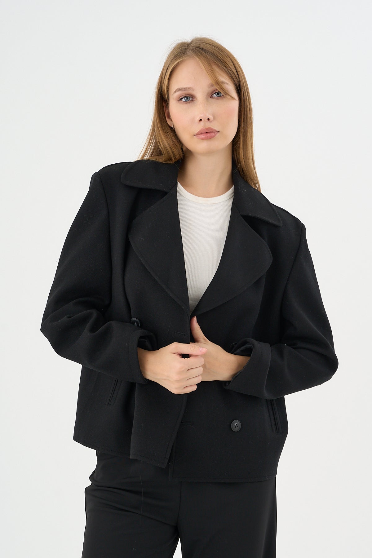 Kadın Oversize  Kruvaze Kaşe Mont Ceket Siyah
