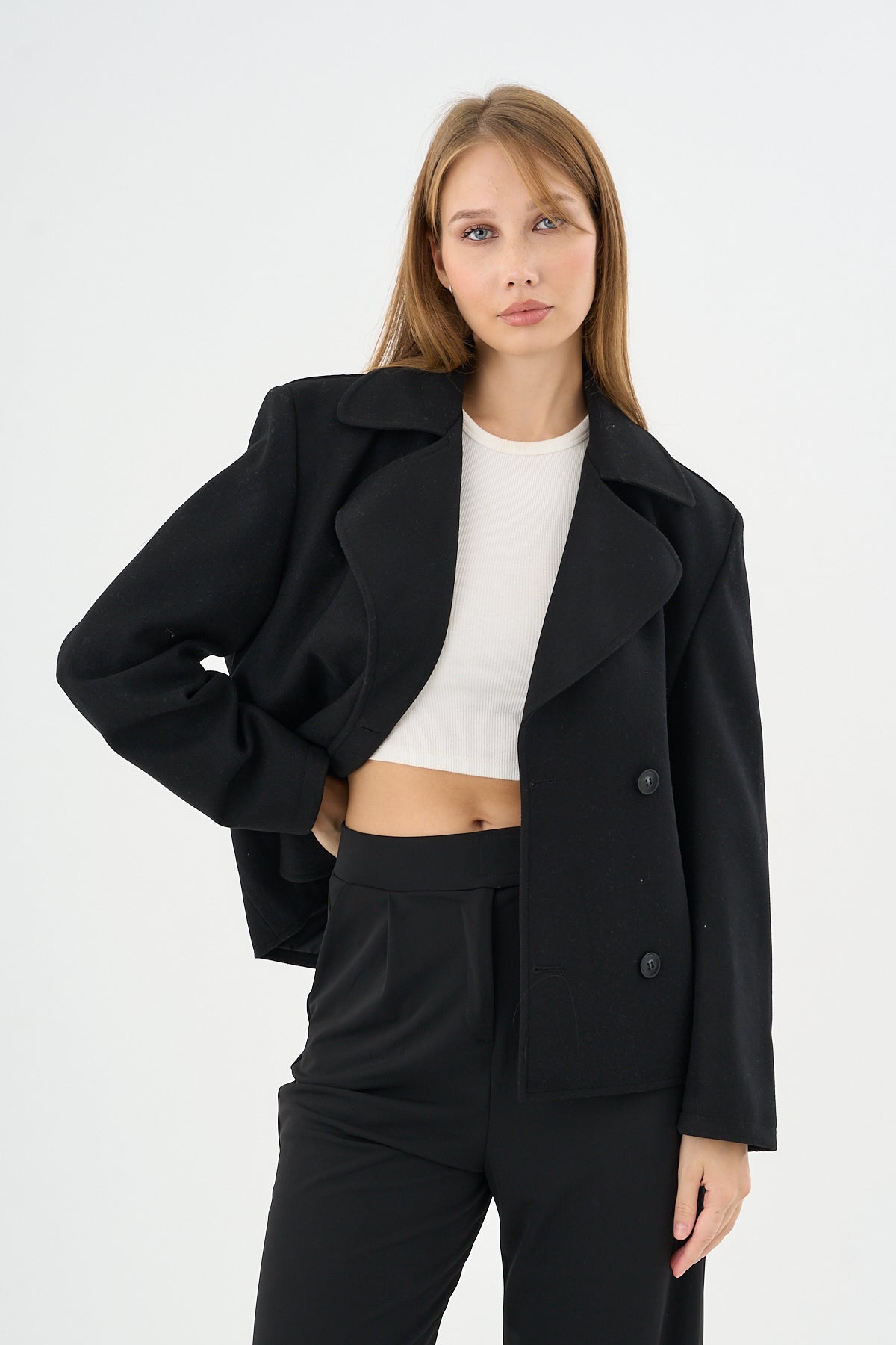 Kadın Oversize  Kruvaze Kaşe Mont Ceket Siyah