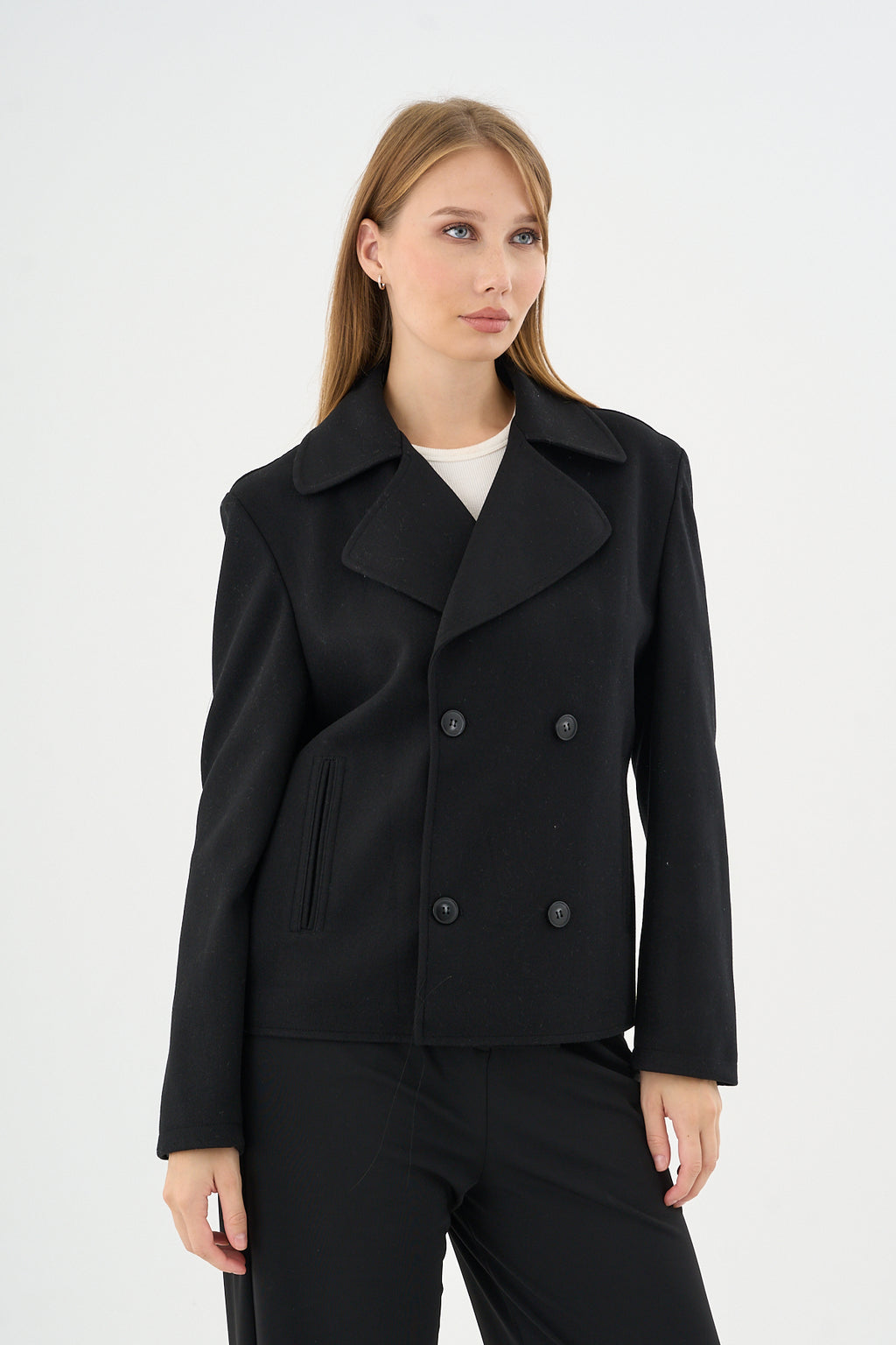 Kadın Oversize  Kruvaze Kaşe Mont Ceket Siyah