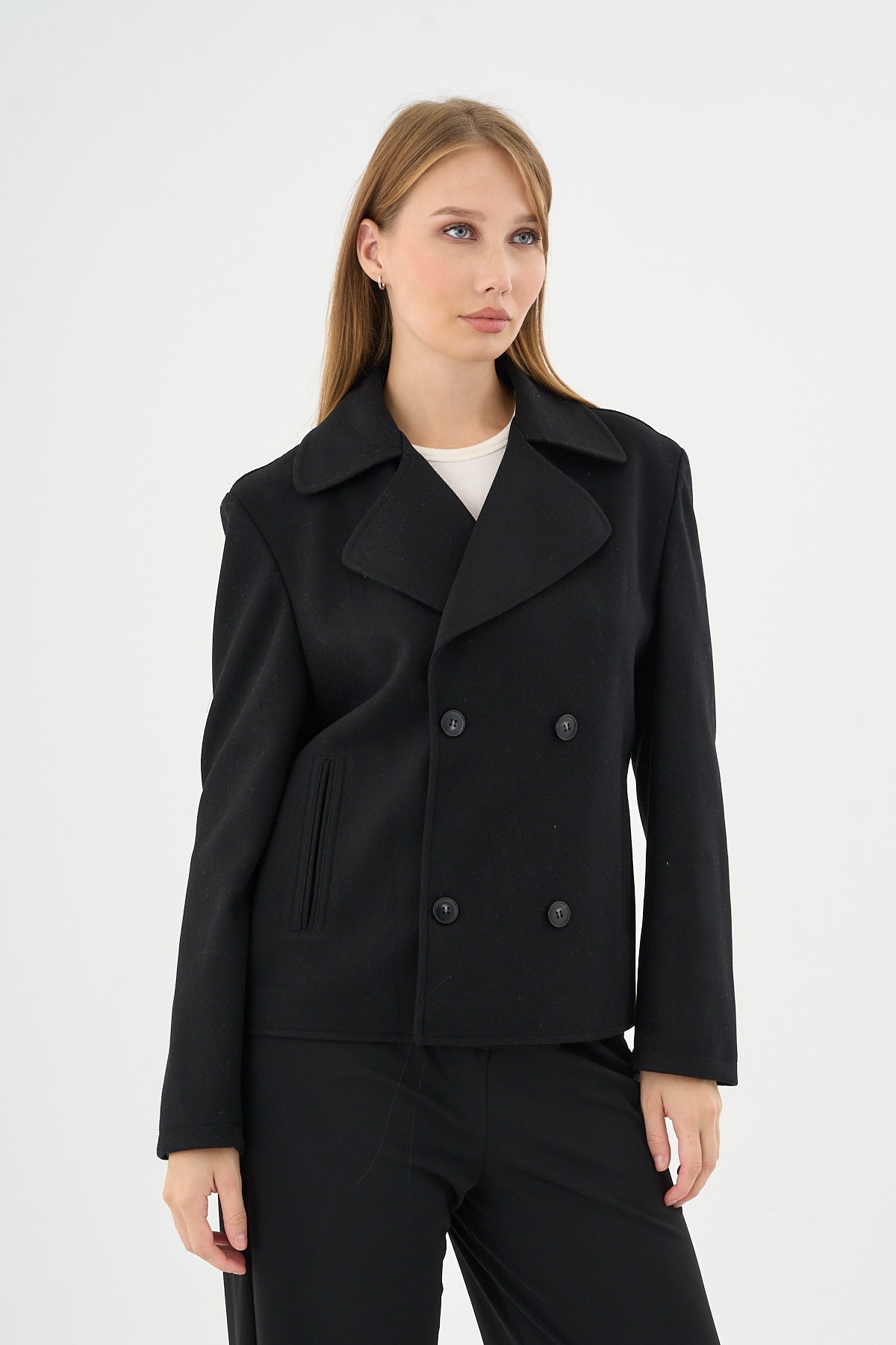 Kadın Oversize  Kruvaze Kaşe Mont Ceket Siyah