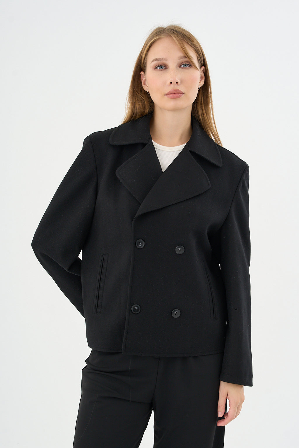 Kadın Oversize  Kruvaze Kaşe Mont Ceket Siyah
