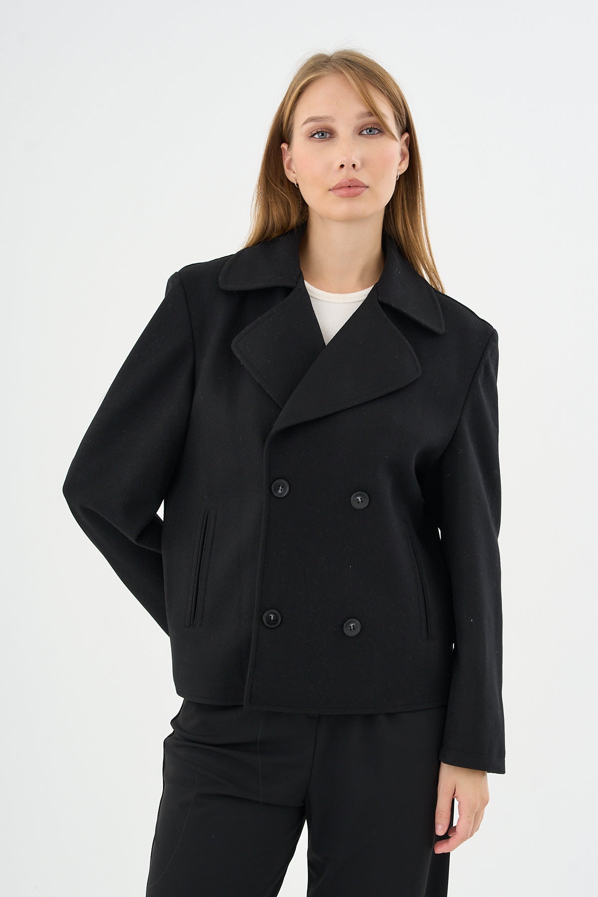 Kadın Oversize  Kruvaze Kaşe Mont Ceket Siyah