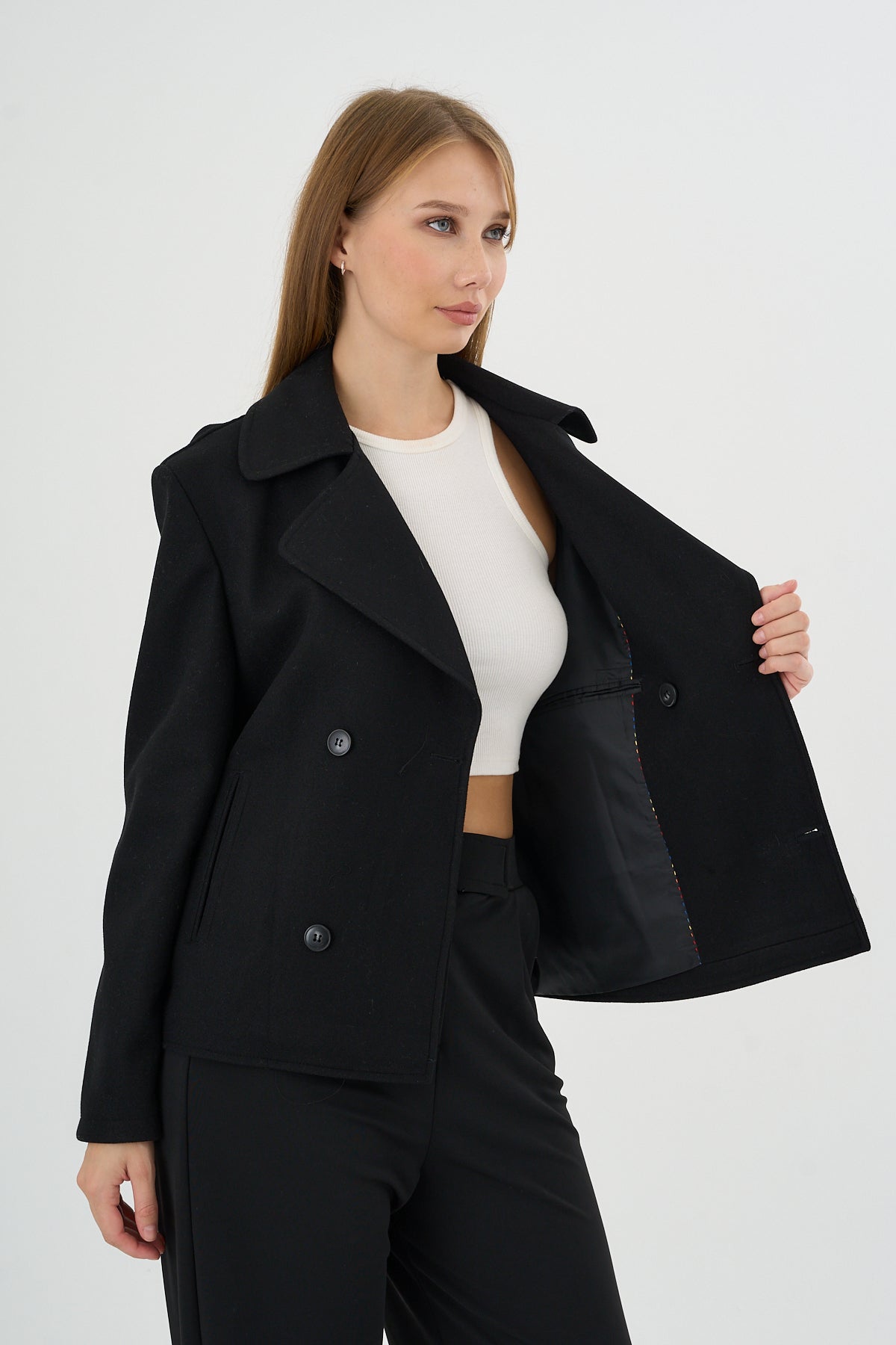 Kadın Oversize  Kruvaze Kaşe Mont Ceket Siyah