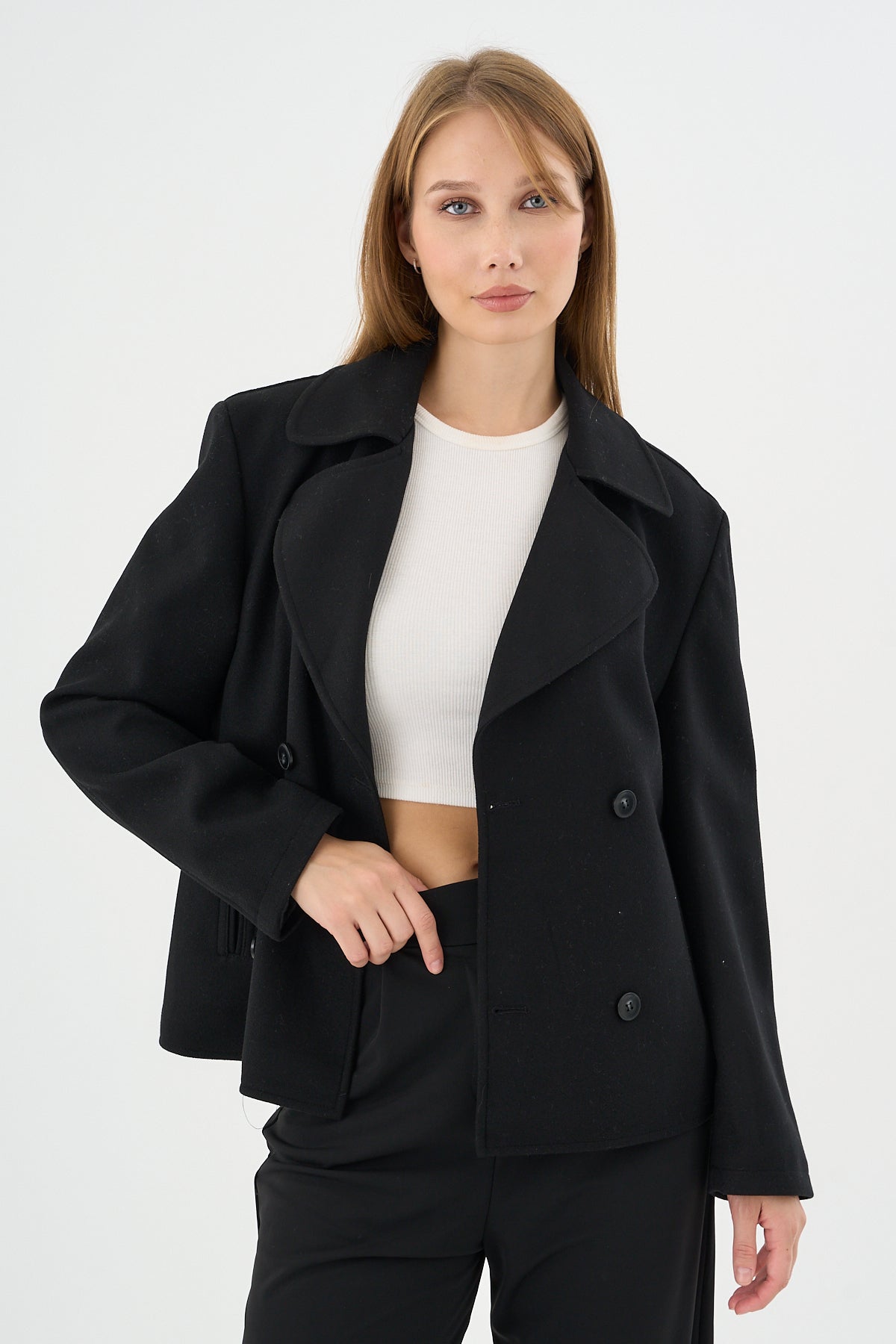 Kadın Oversize  Kruvaze Kaşe Mont Ceket Siyah
