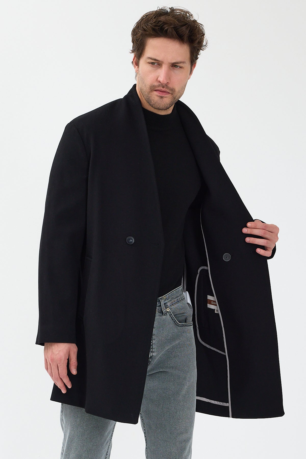 Erkek Kruvaze Kaşe Palto Mont Siyah