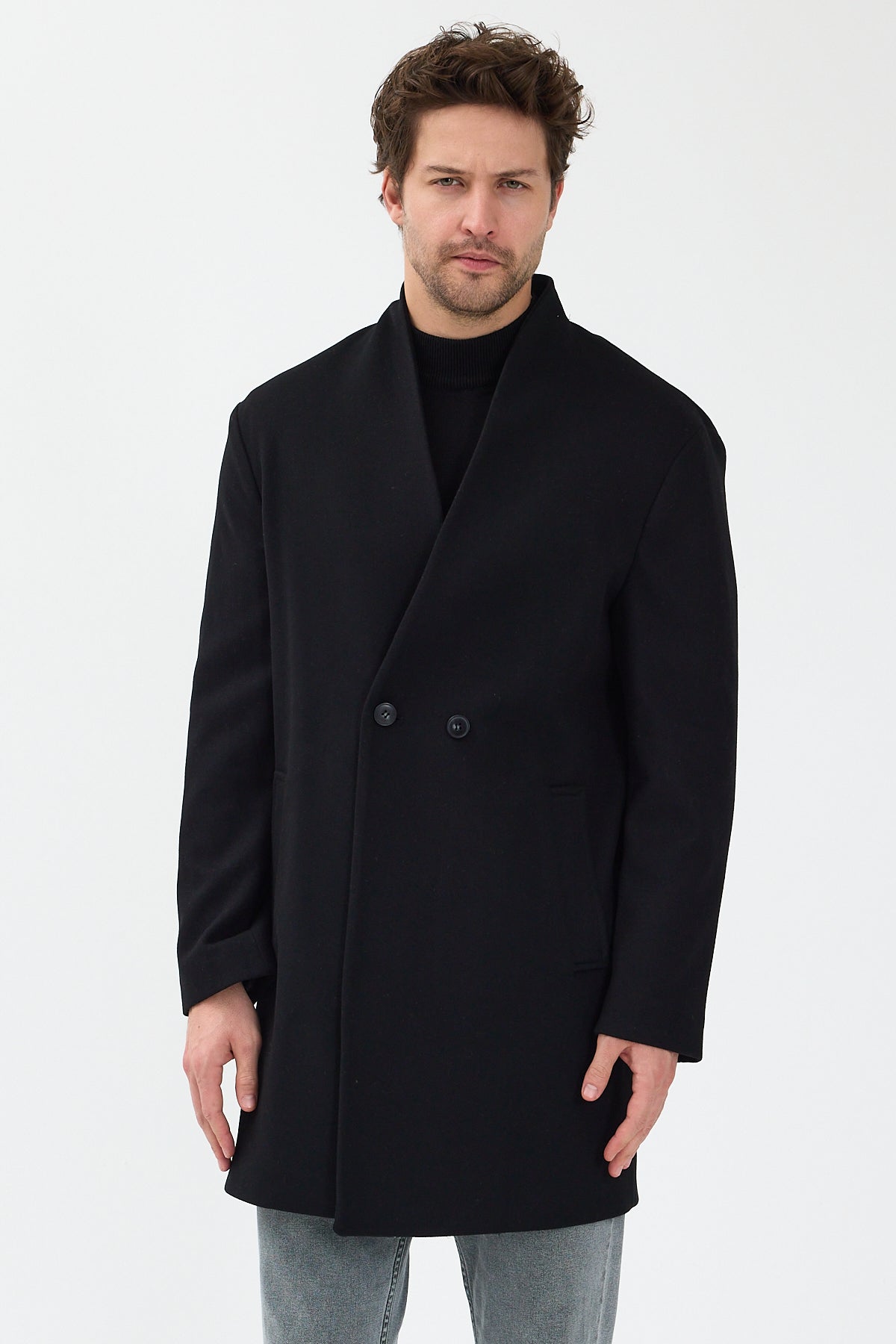 Erkek Kruvaze Kaşe Palto Mont Siyah
