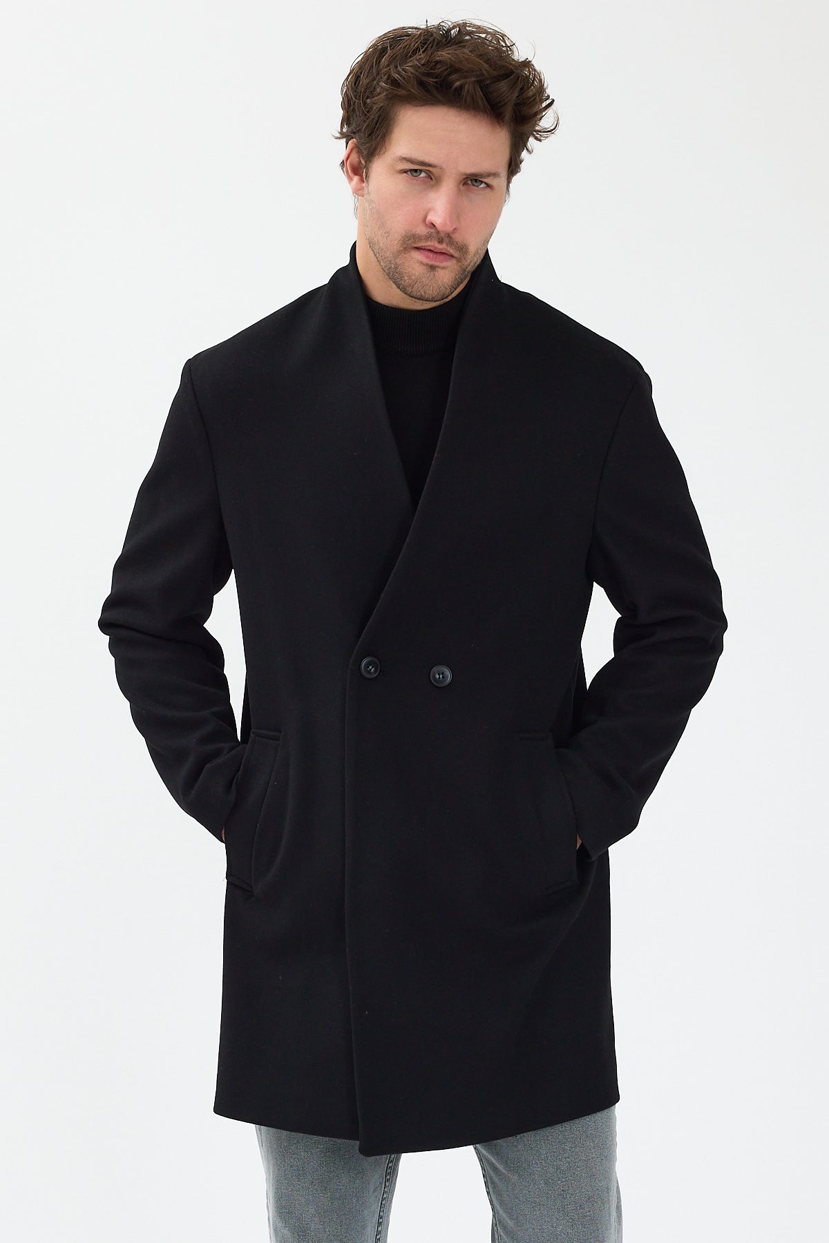 Erkek Kruvaze Kaşe Palto Mont Siyah