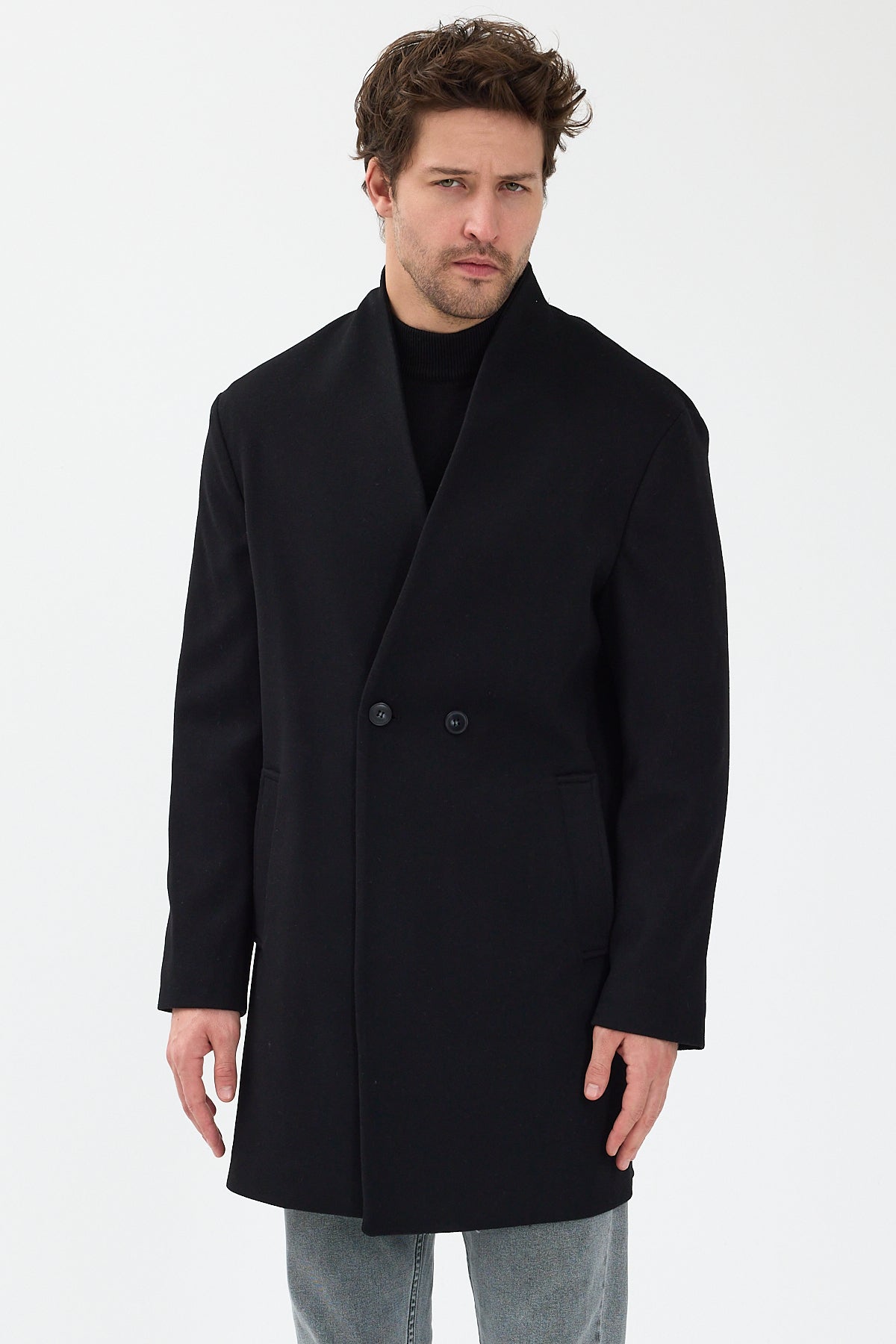 Erkek Kruvaze Kaşe Palto Mont Siyah