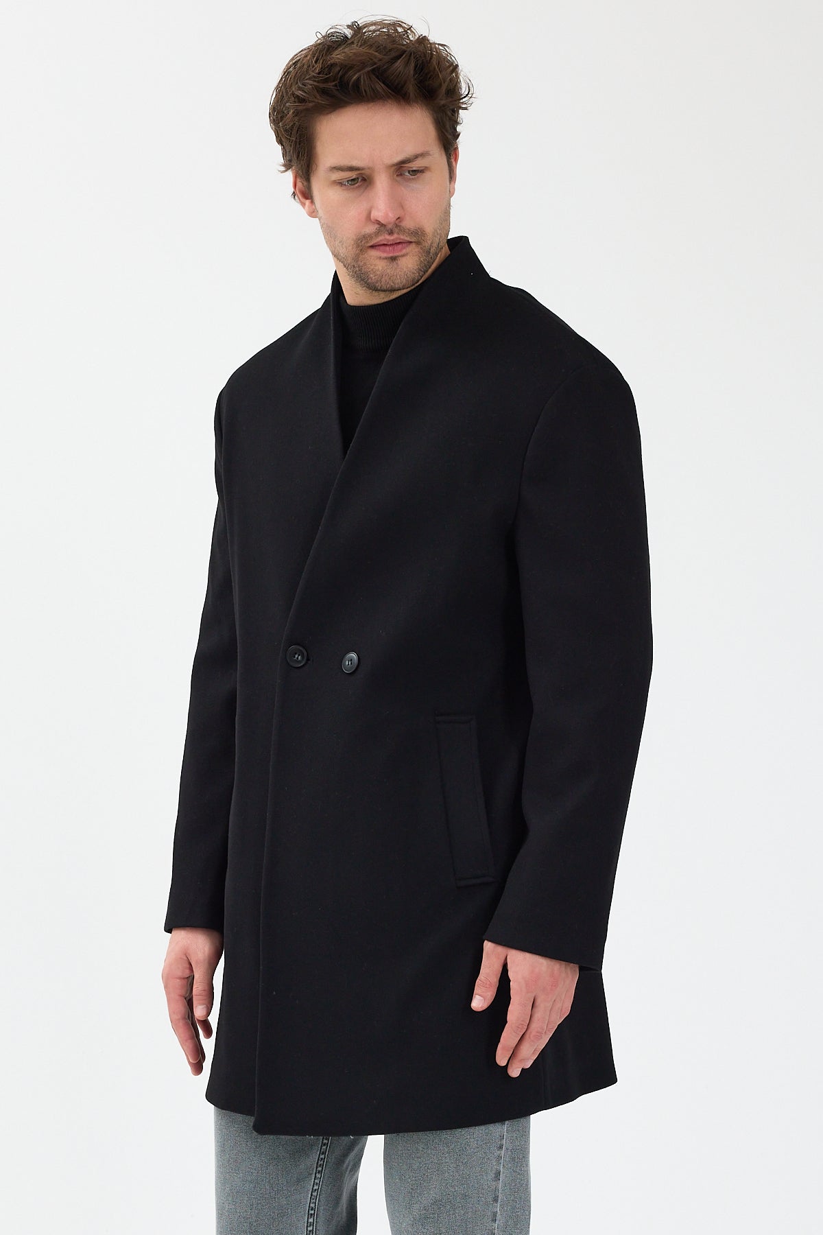 Erkek Kruvaze Kaşe Palto Mont Siyah