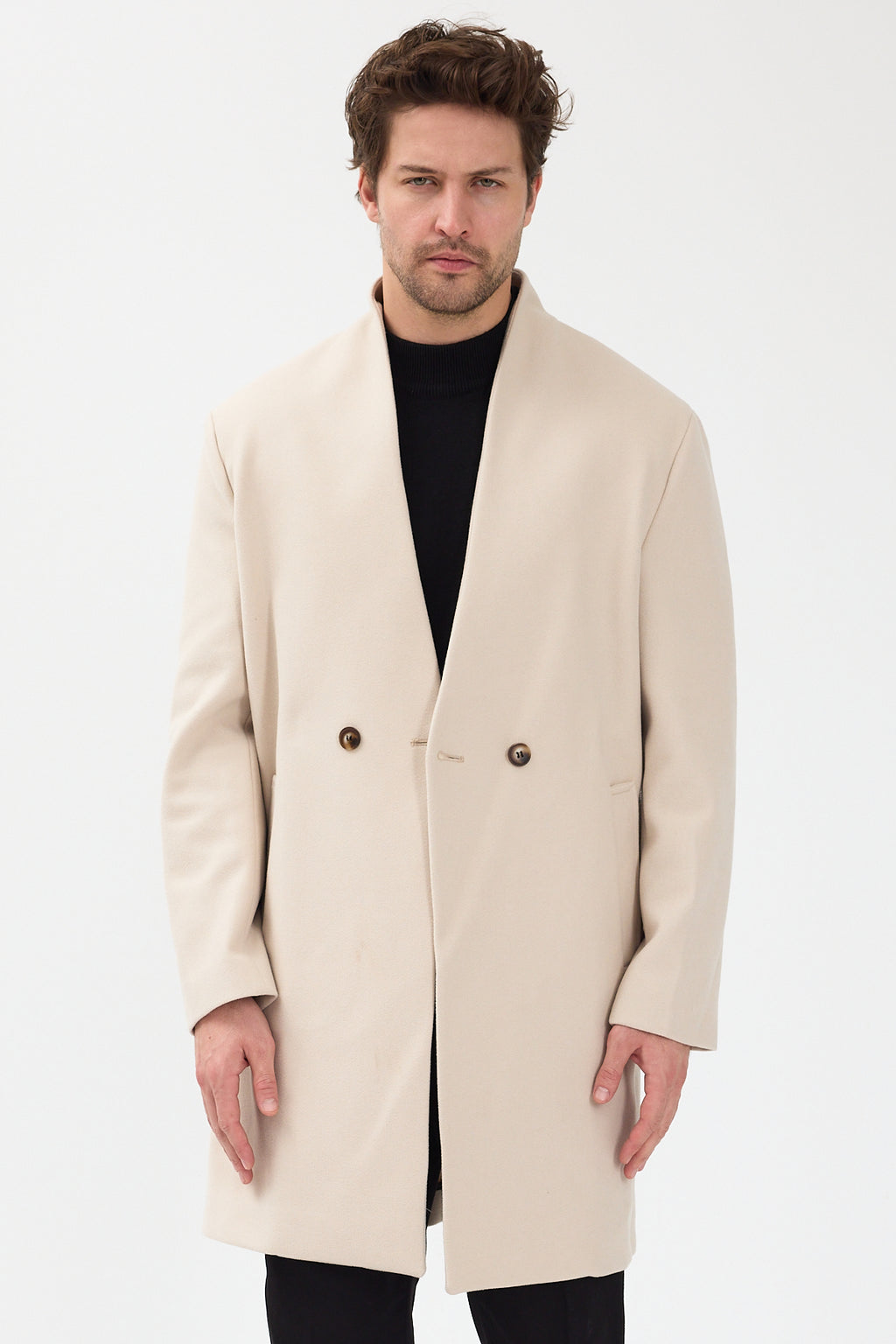 Erkek Kruvaze Kaşe Palto Mont Ekru