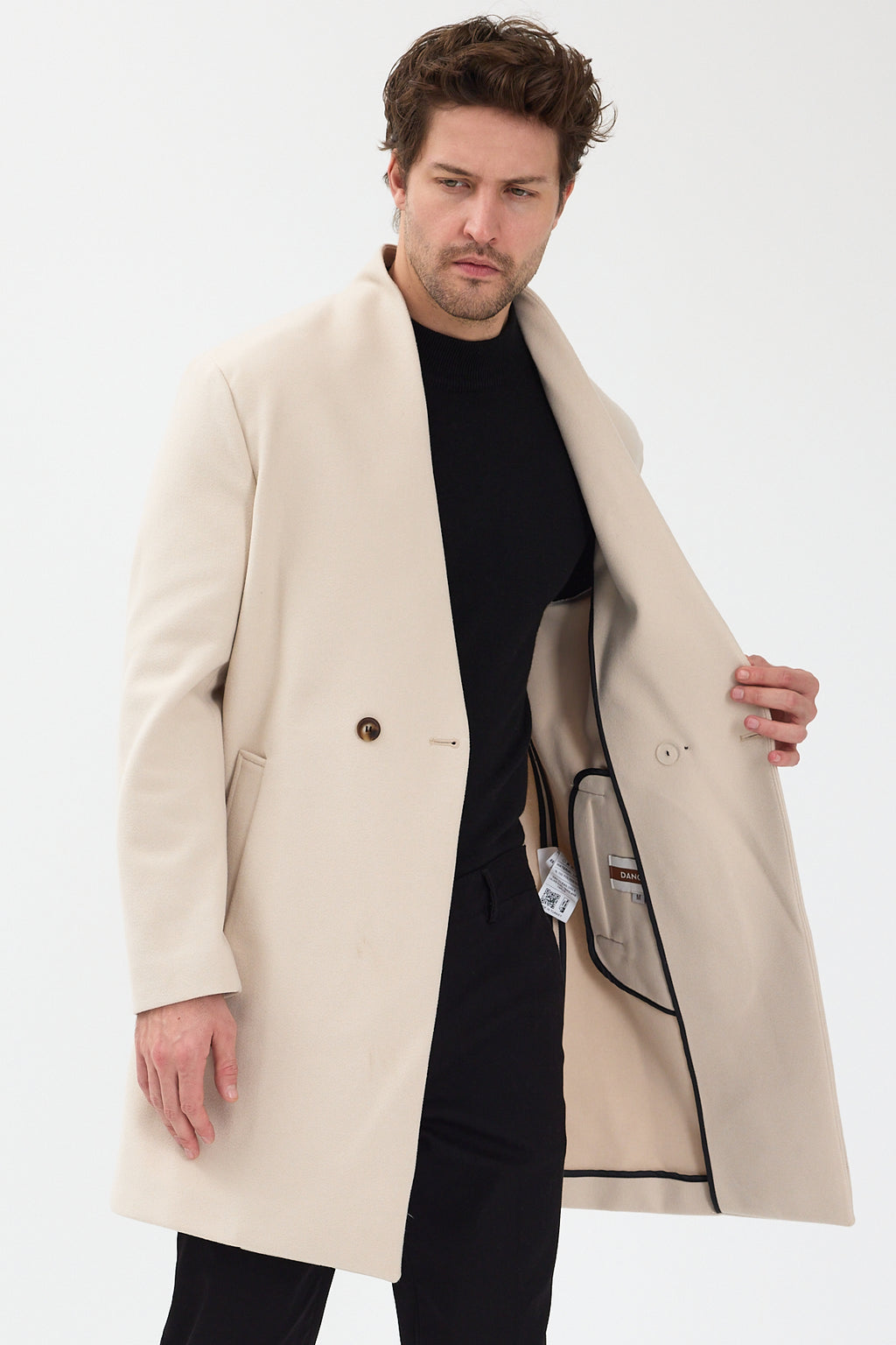 Erkek Kruvaze Kaşe Palto Mont Ekru