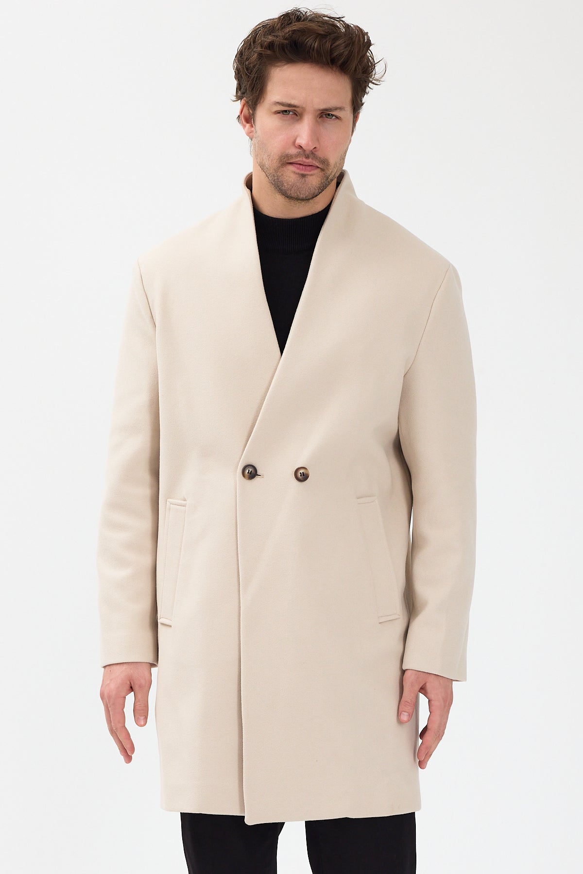 Erkek Kruvaze Kaşe Palto Mont Ekru