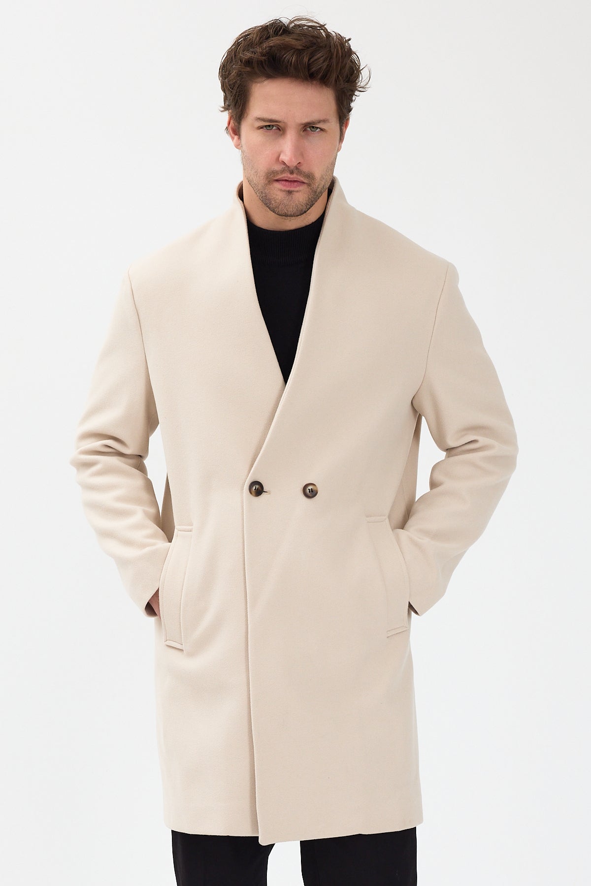 Erkek Kruvaze Kaşe Palto Mont Ekru