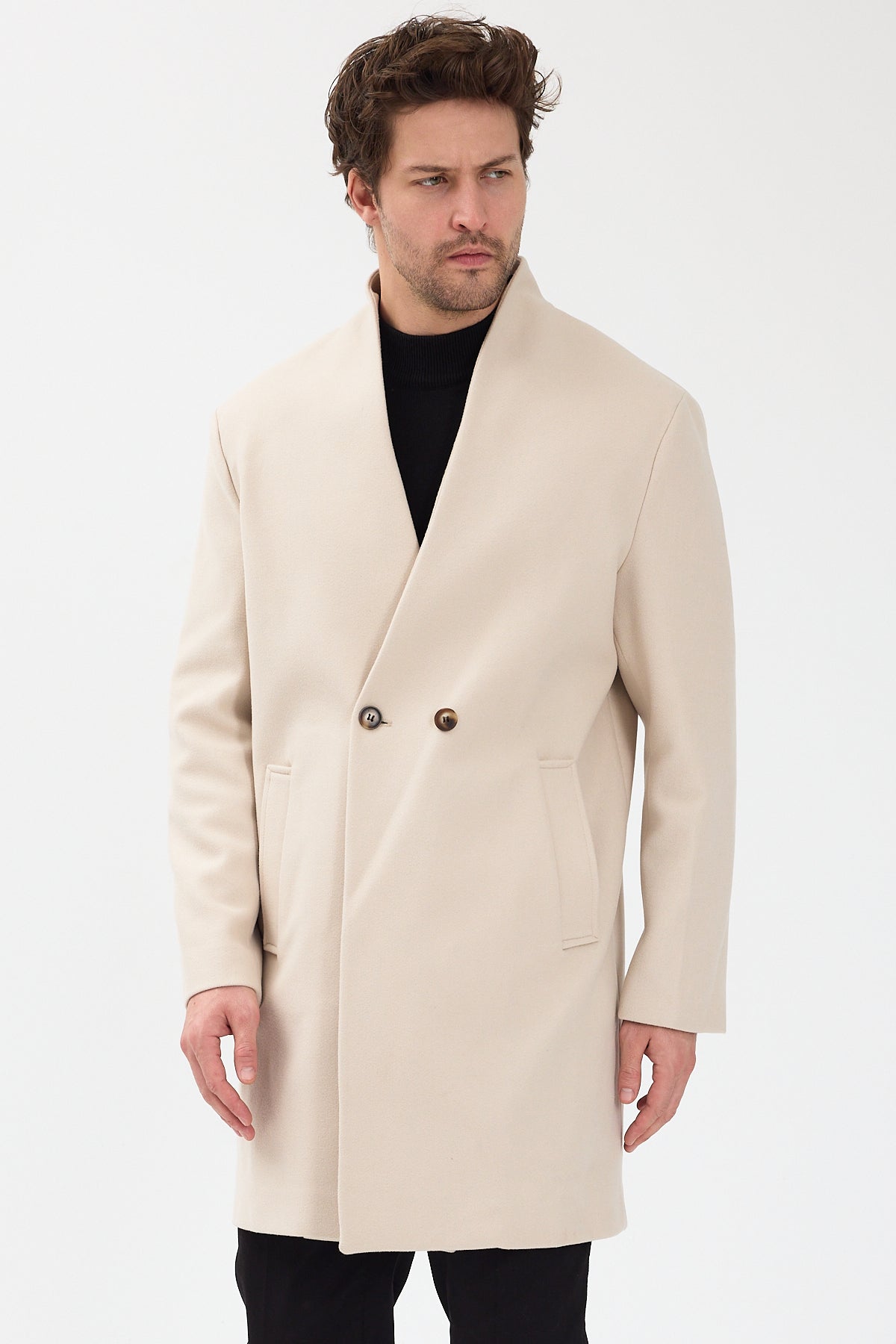 Erkek Kruvaze Kaşe Palto Mont Ekru