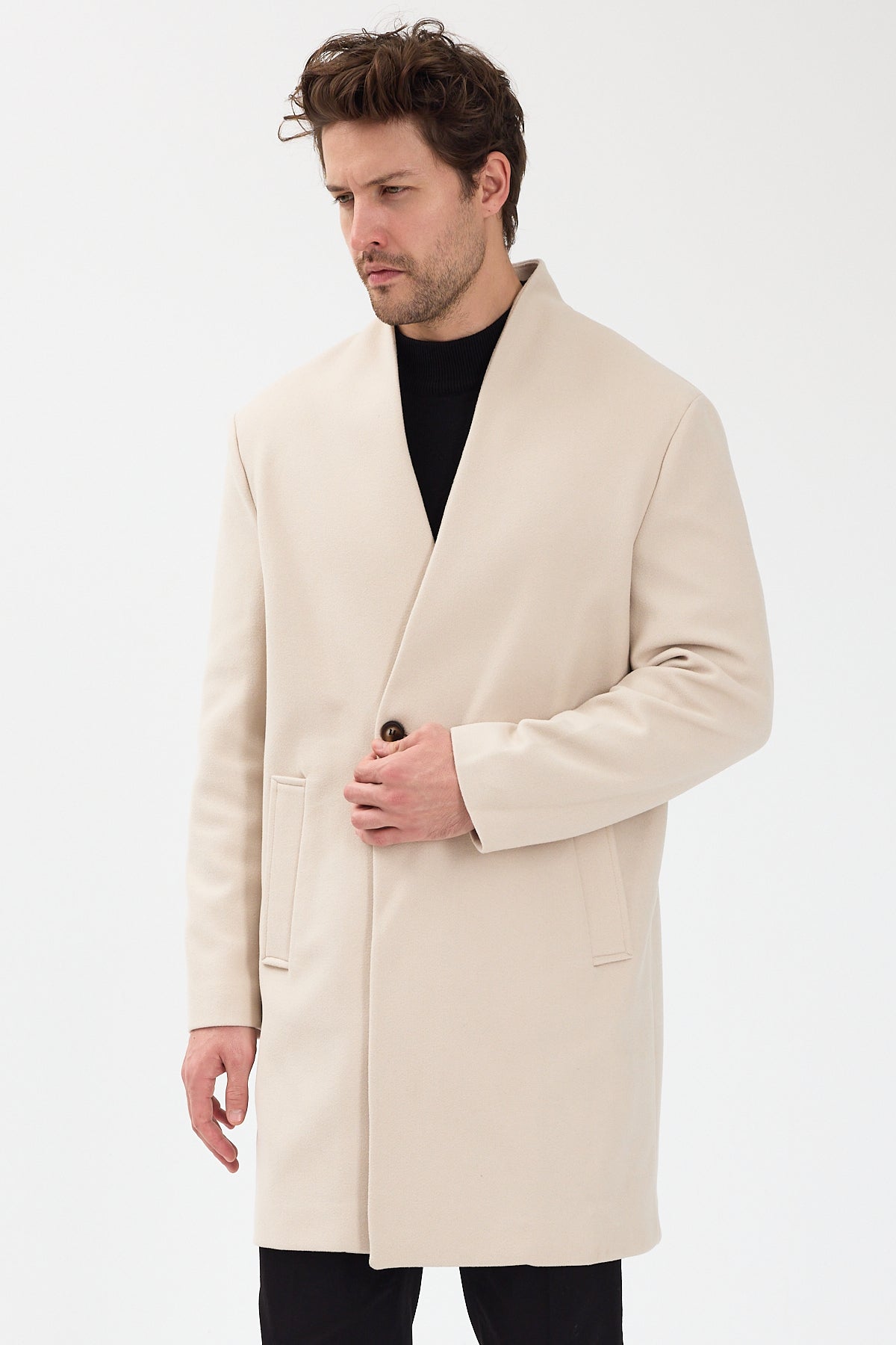 Erkek Kruvaze Kaşe Palto Mont Ekru