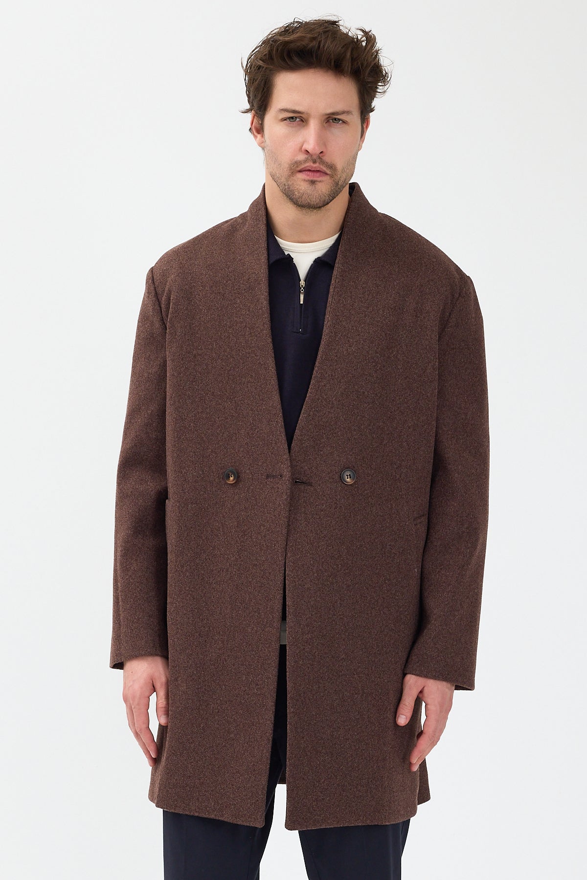 Erkek Kruvaze Kaşe Palto Mont Kahverengi