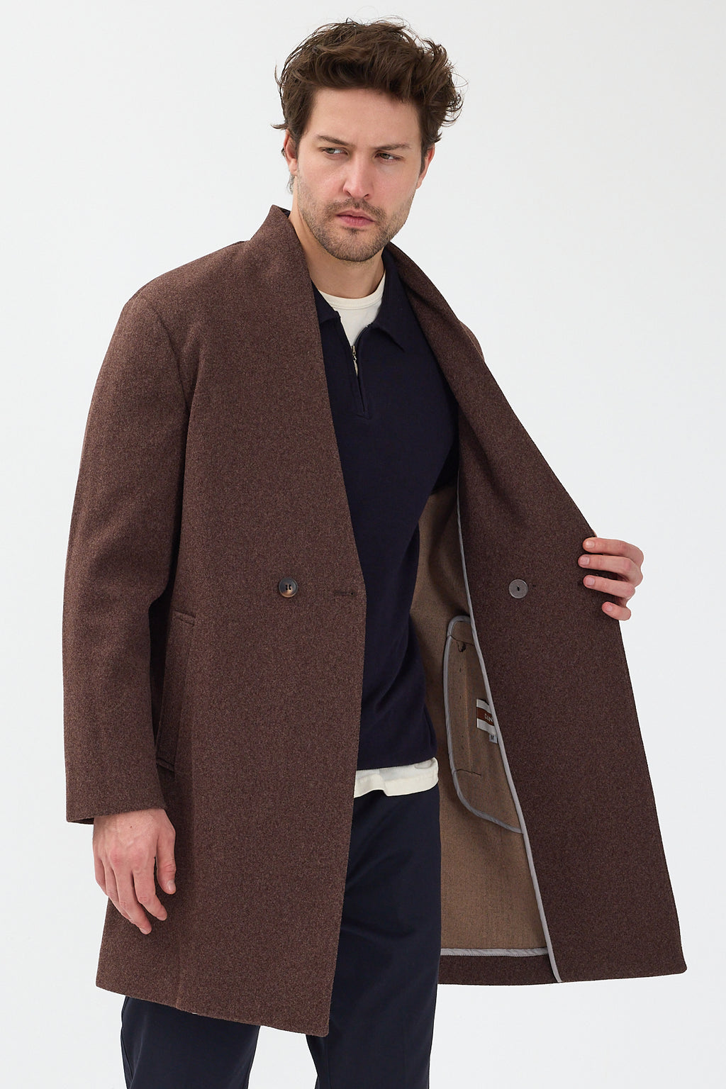 Erkek Kruvaze Kaşe Palto Mont Kahverengi
