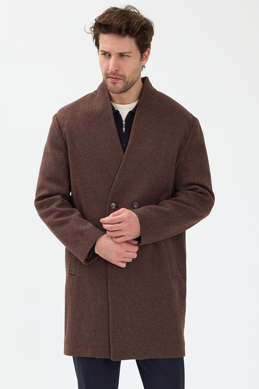Erkek Kruvaze Kaşe Palto Mont Kahverengi