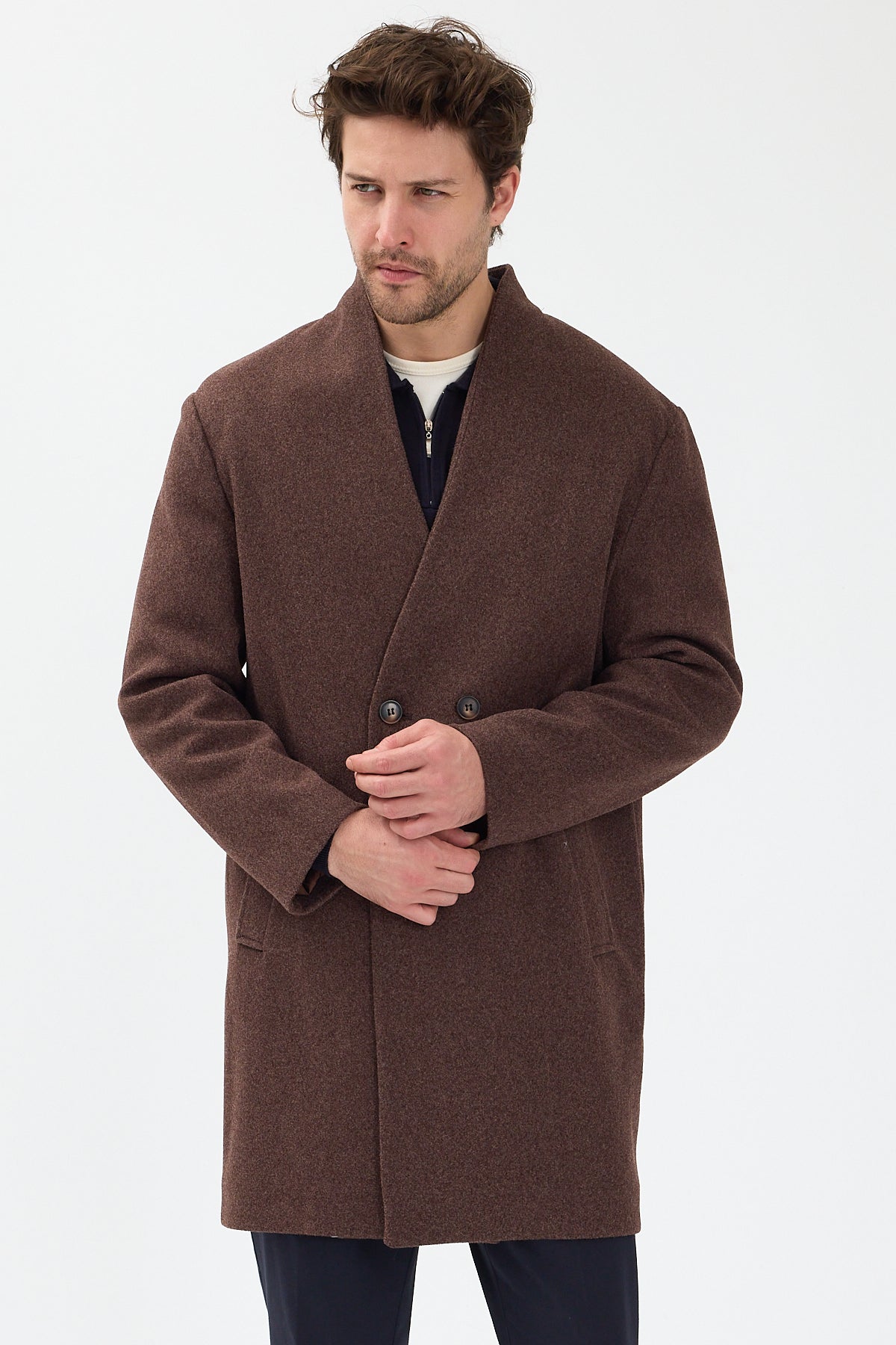 Erkek Kruvaze Kaşe Palto Mont Kahverengi
