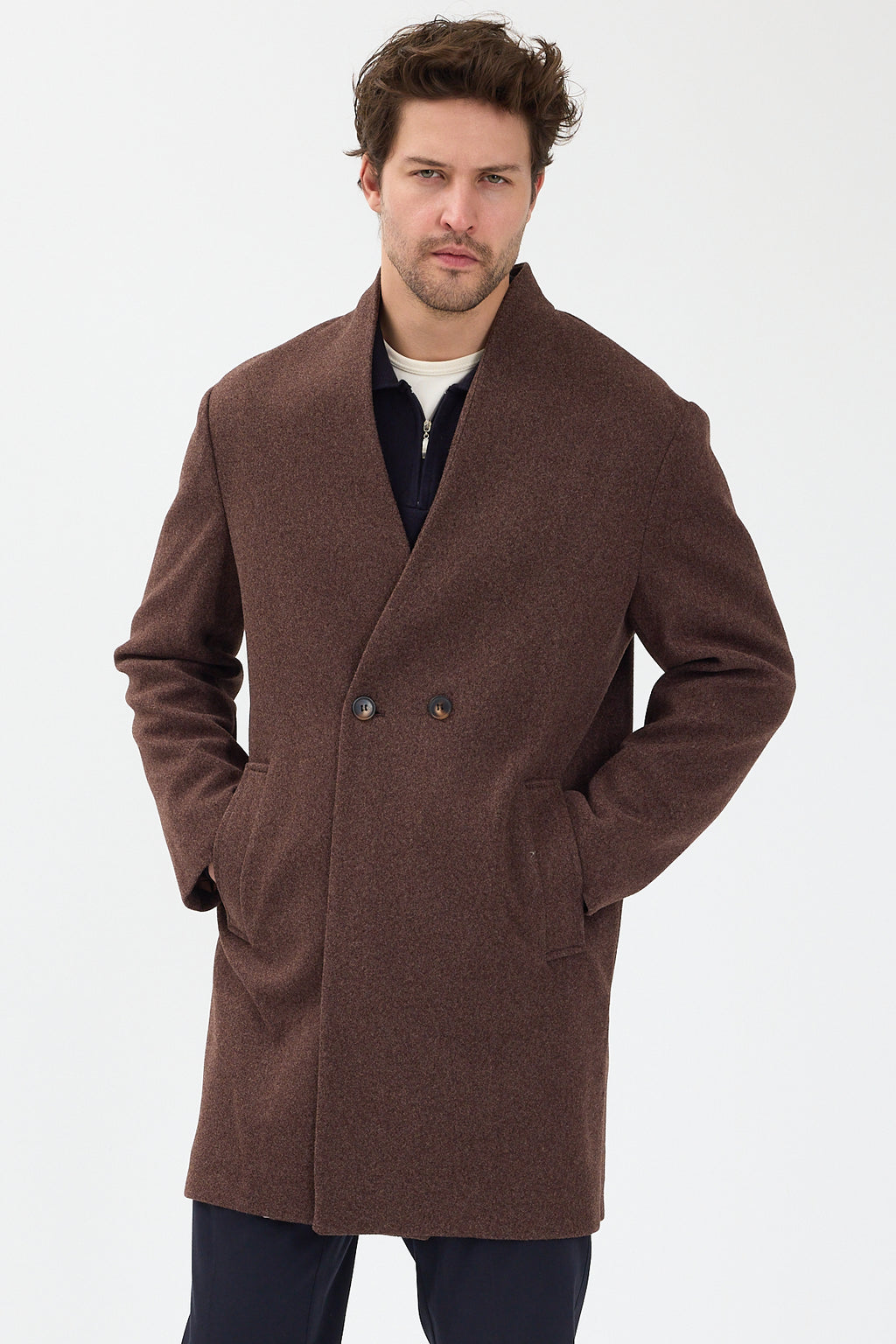 Erkek Kruvaze Kaşe Palto Mont Kahverengi