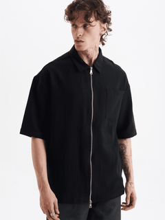 Erkek Lilyum Keten Fermuarlı Cepli Gömlek Siyah