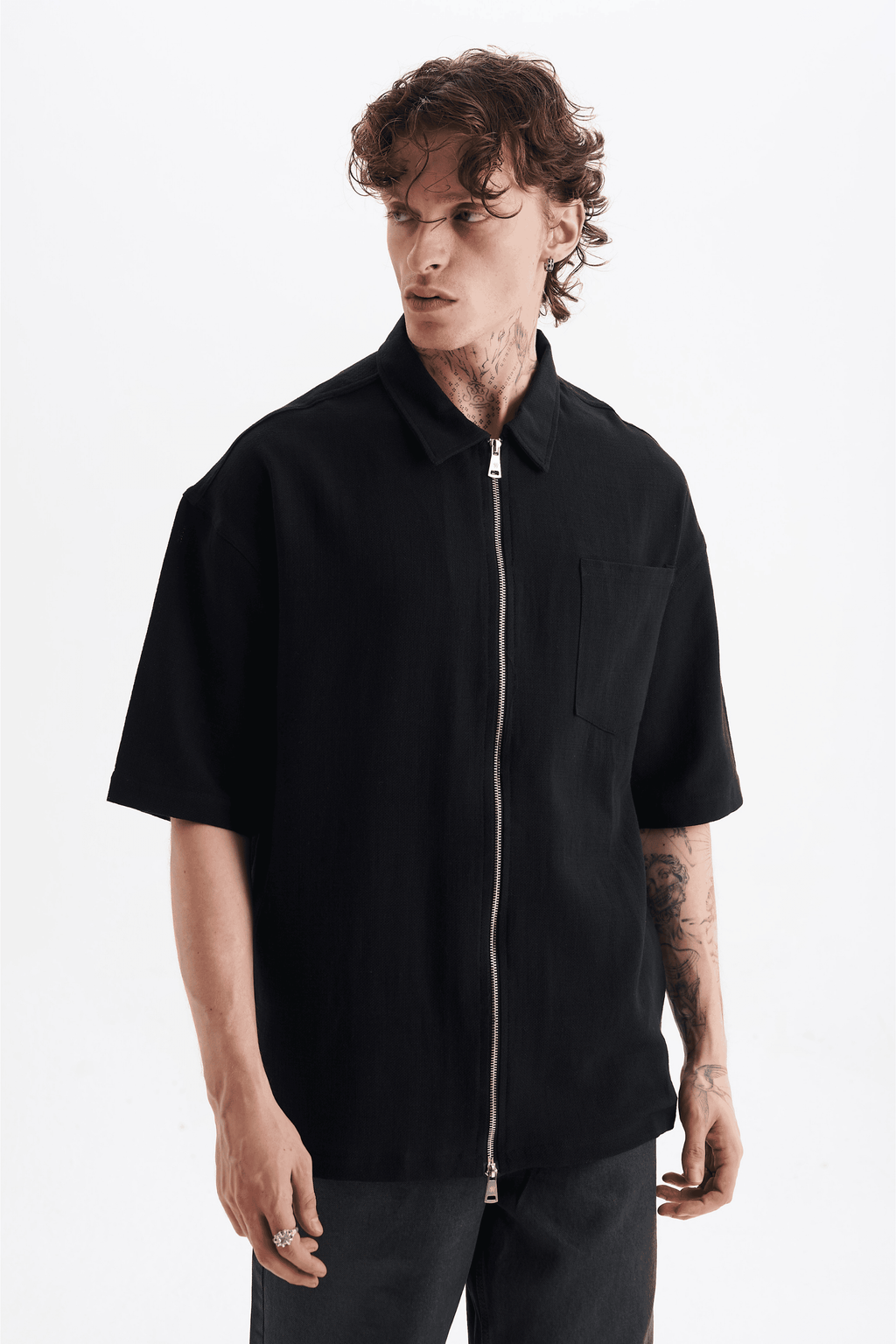 Erkek Lilyum Keten Fermuarlı Cepli Gömlek Siyah