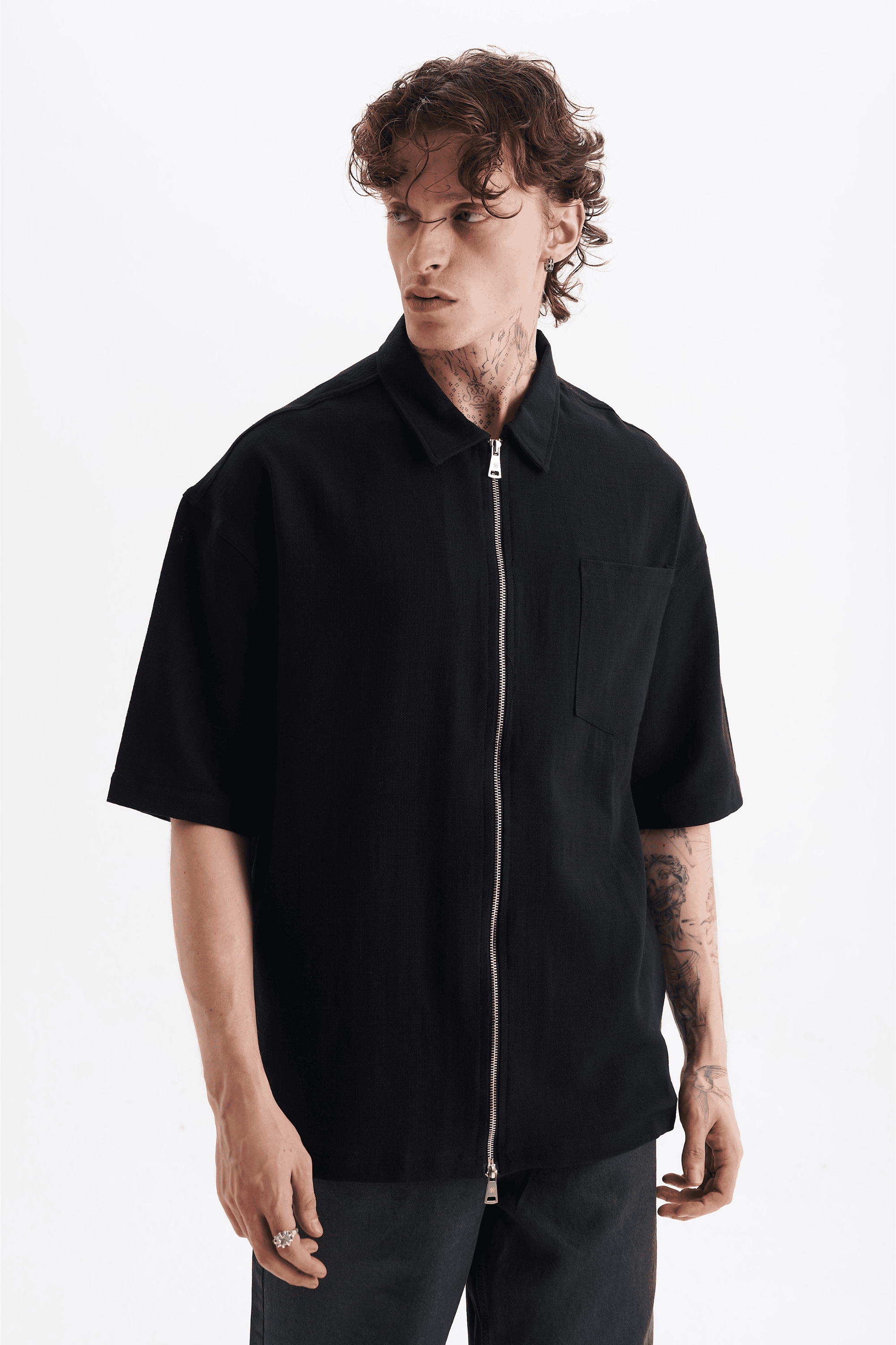 Erkek Lilyum Keten Fermuarlı Cepli Gömlek Siyah