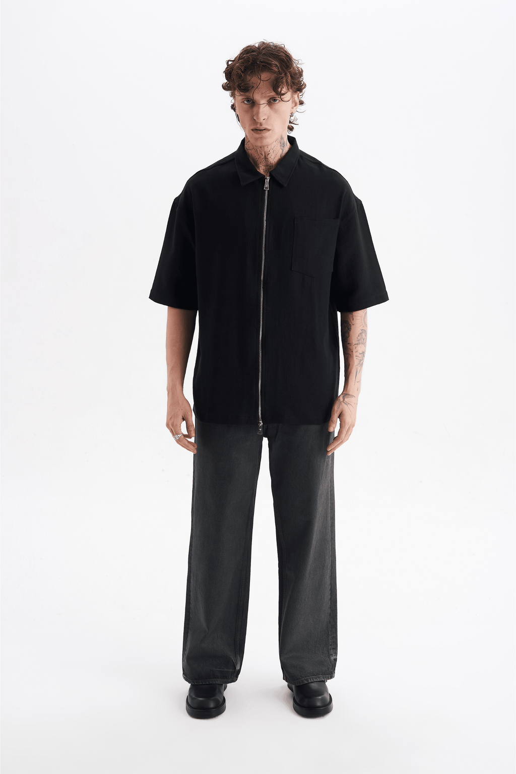 Erkek Lilyum Keten Fermuarlı Cepli Gömlek Siyah