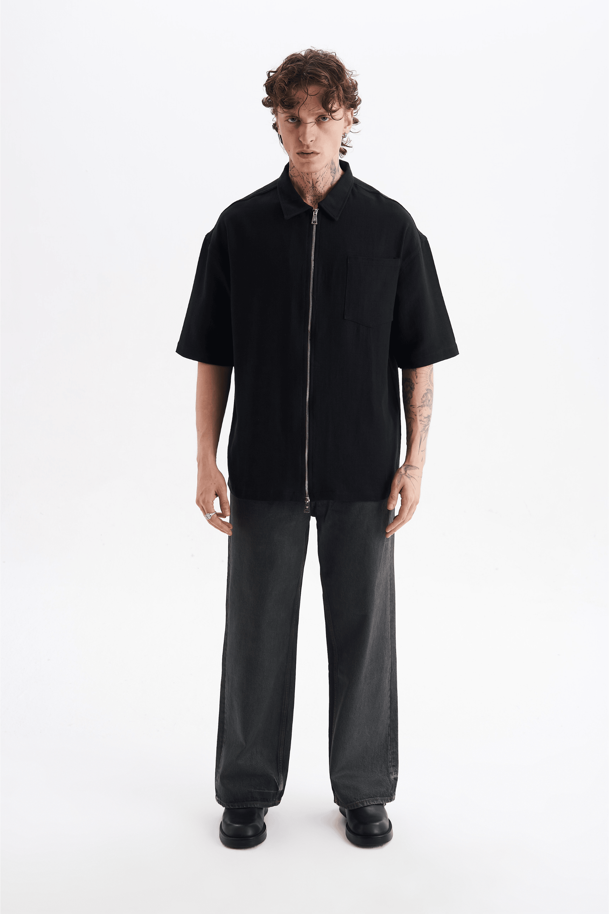 Erkek Lilyum Keten Fermuarlı Cepli Gömlek Siyah
