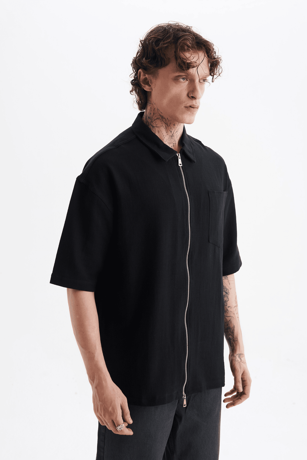 Erkek Lilyum Keten Fermuarlı Cepli Gömlek Siyah