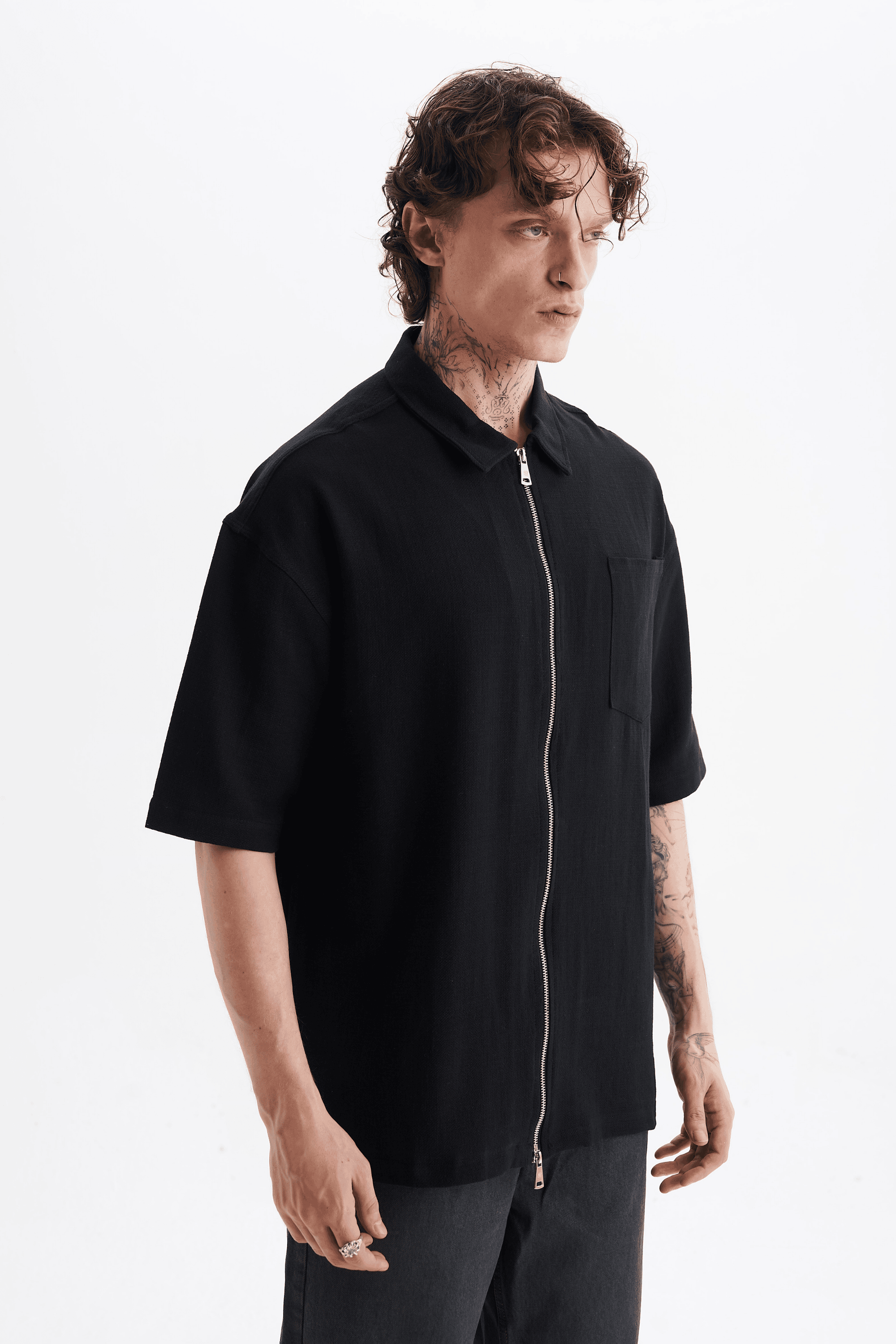 Erkek Lilyum Keten Fermuarlı Cepli Gömlek Siyah