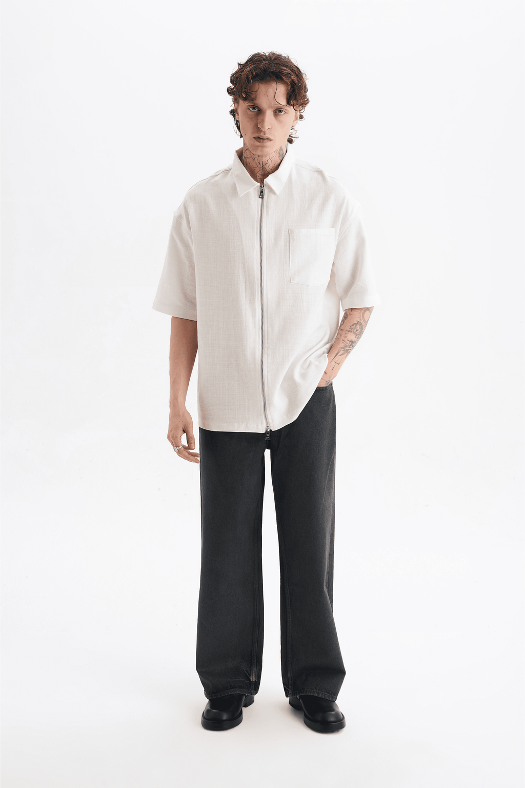 Erkek Lilyum Keten Fermuarlı Cepli Gömlek Ekru