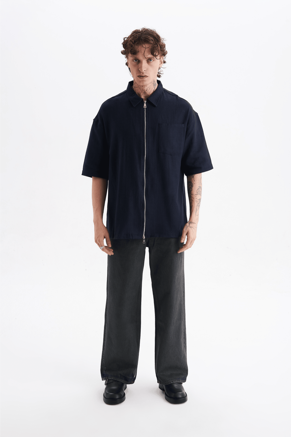 Erkek Lilyum Keten Fermuarlı Cepli Gömlek Lacivert