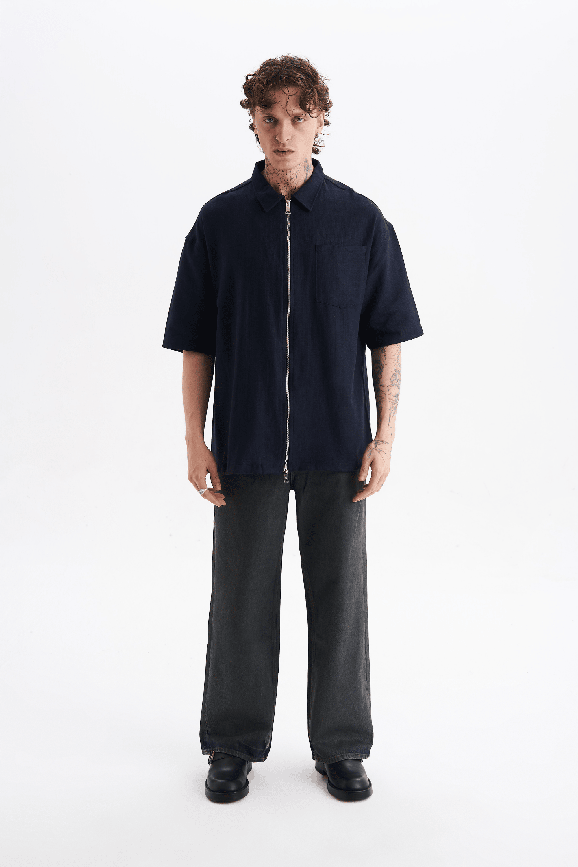 Erkek Lilyum Keten Fermuarlı Cepli Gömlek Lacivert