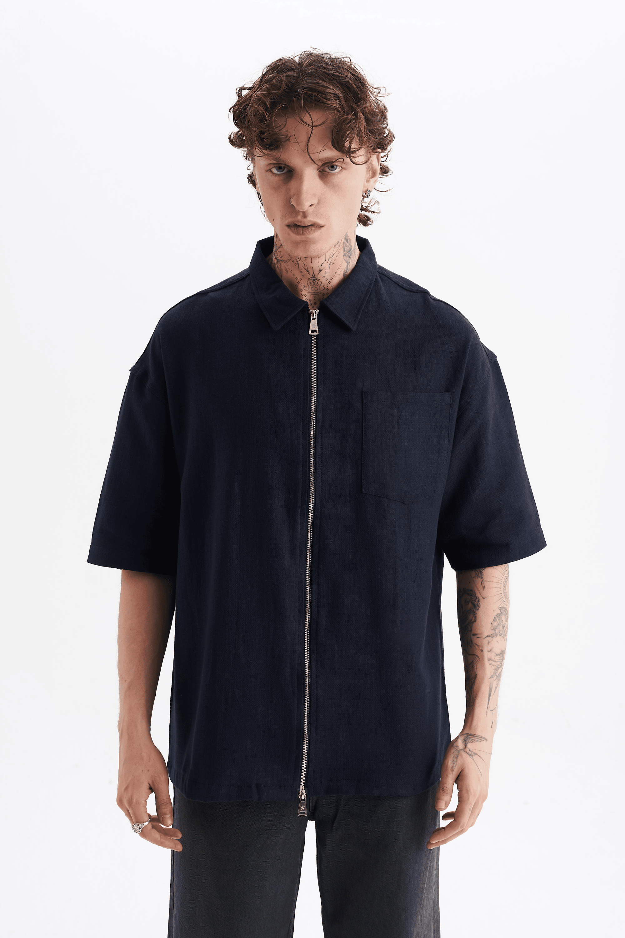 Erkek Lilyum Keten Fermuarlı Cepli Gömlek Lacivert